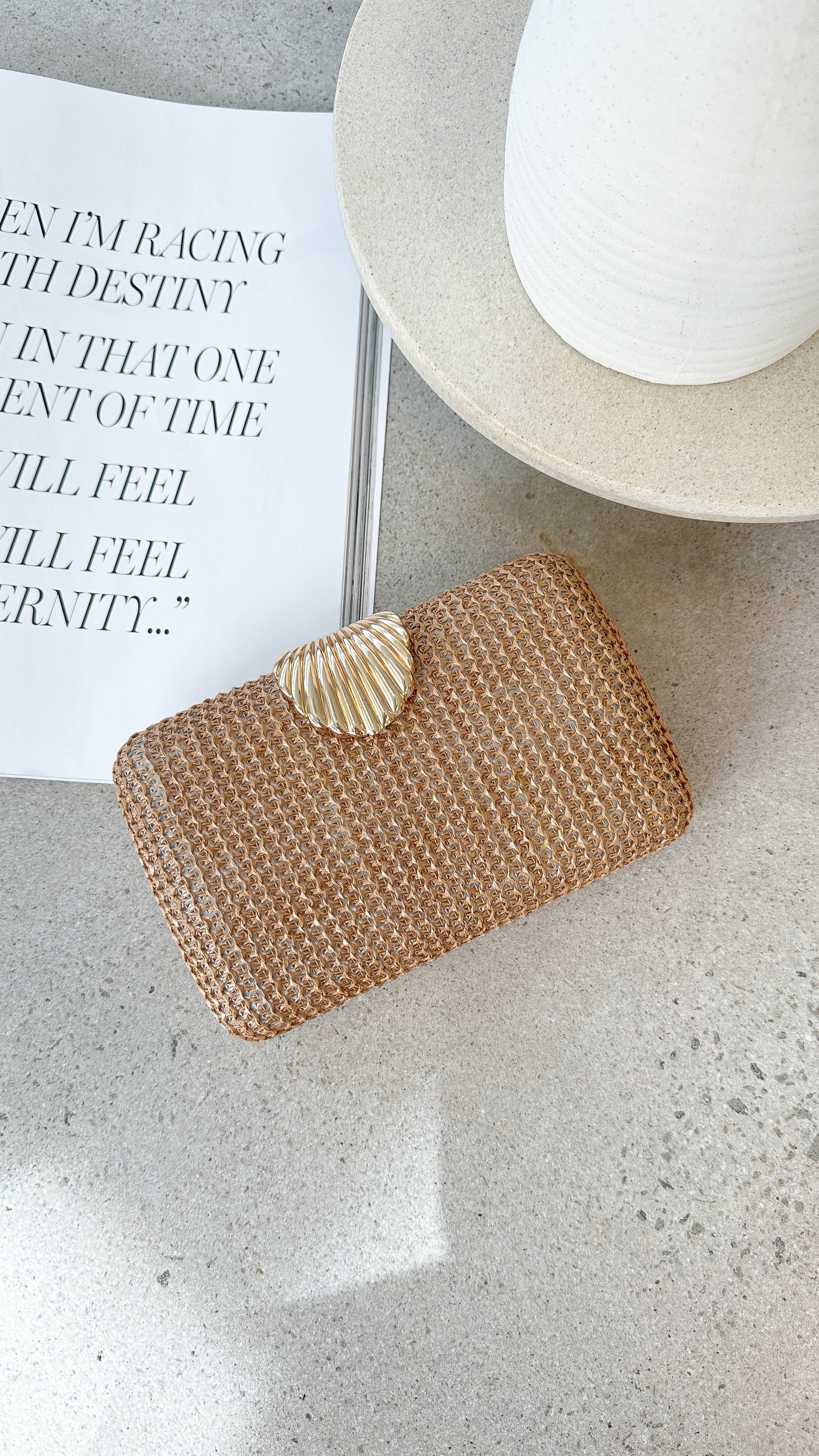 Livy Shell Clasp Woven Structured Clutch - Natural - Billy J