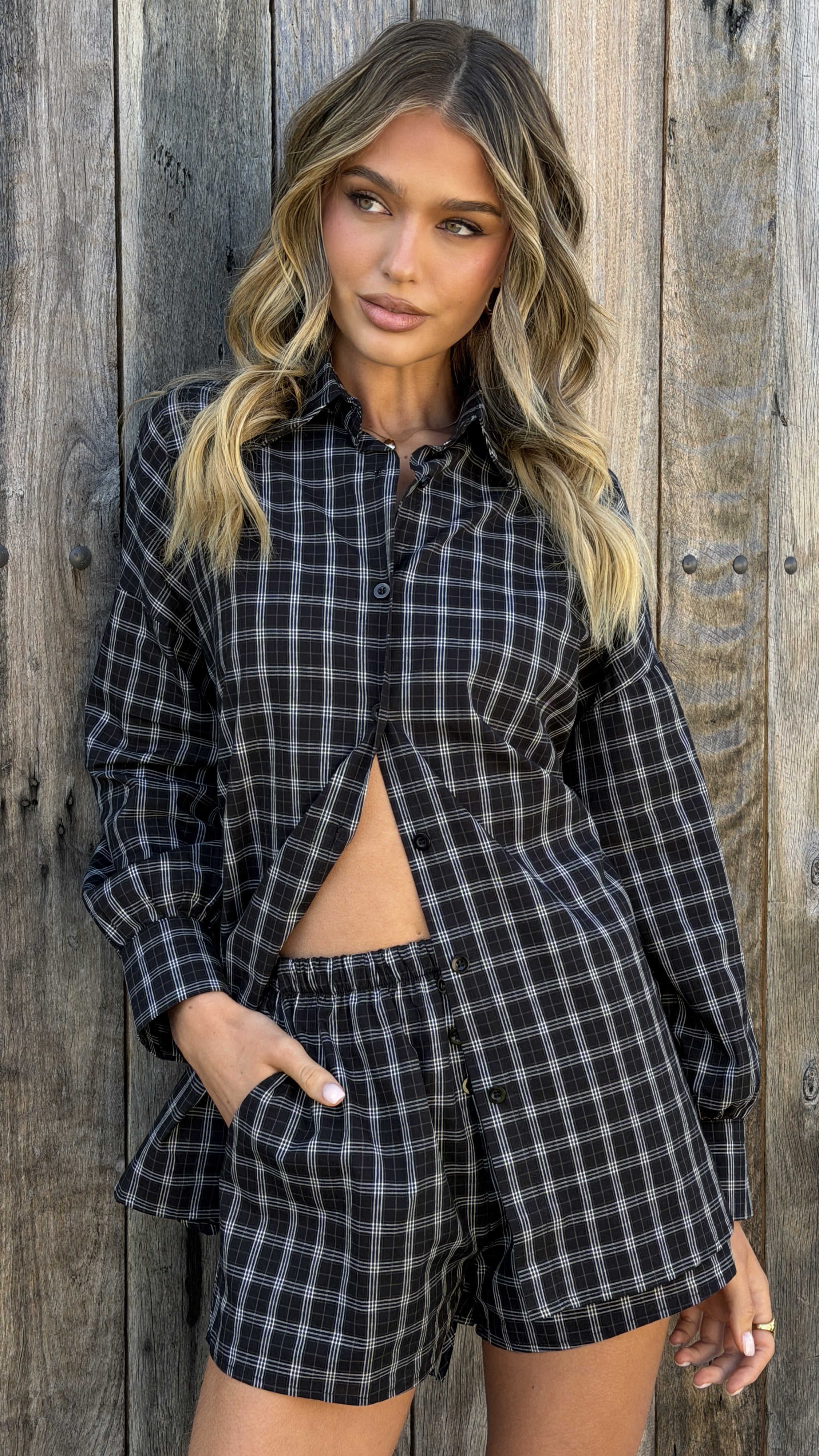 Kye Long Sleeve Top and Shorts Set - Black/White Plaid - Billy J