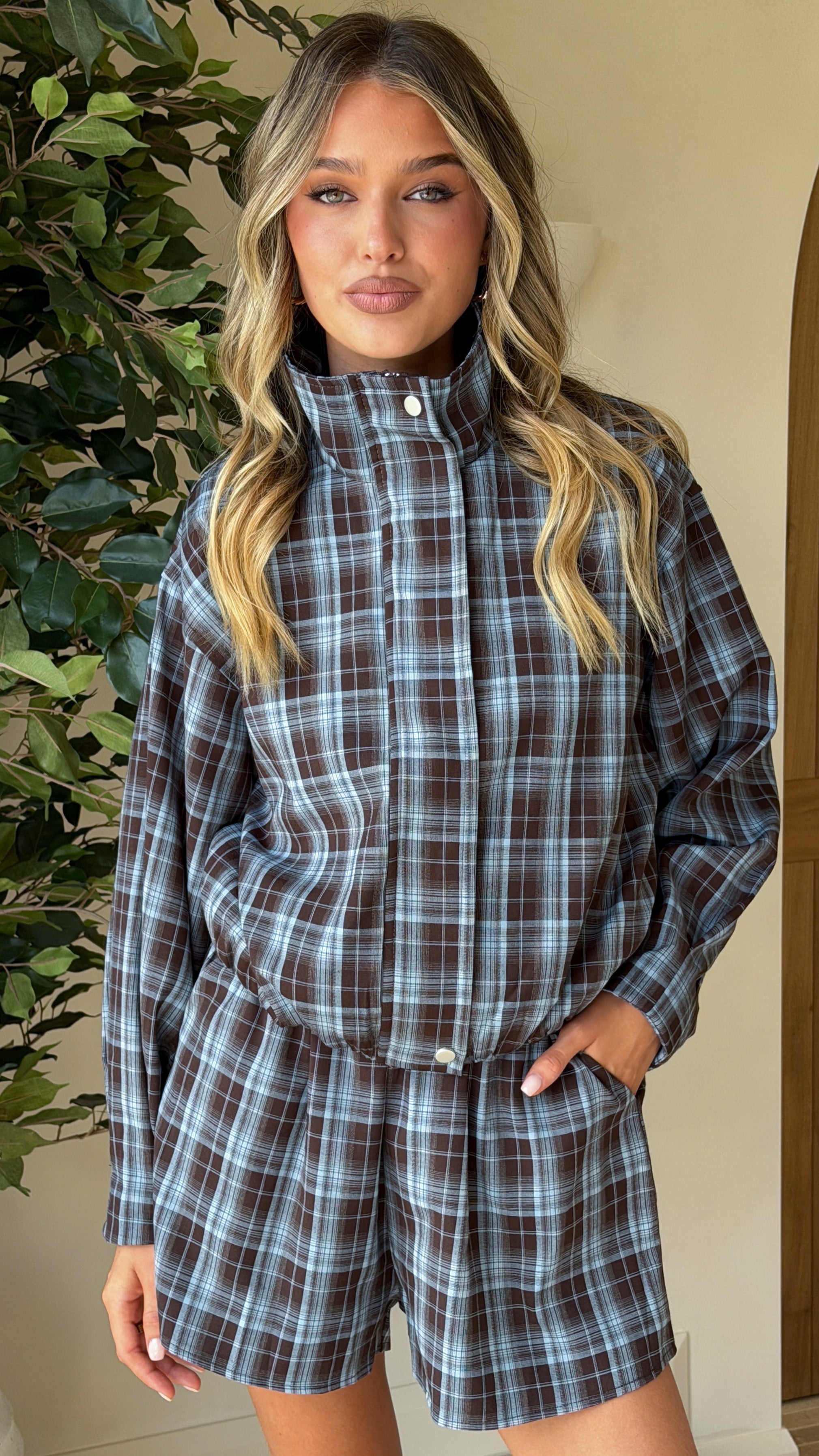 Ivana Funnel Neck Jacket & Shorts Set - Brown/Blue Plaid - Billy J