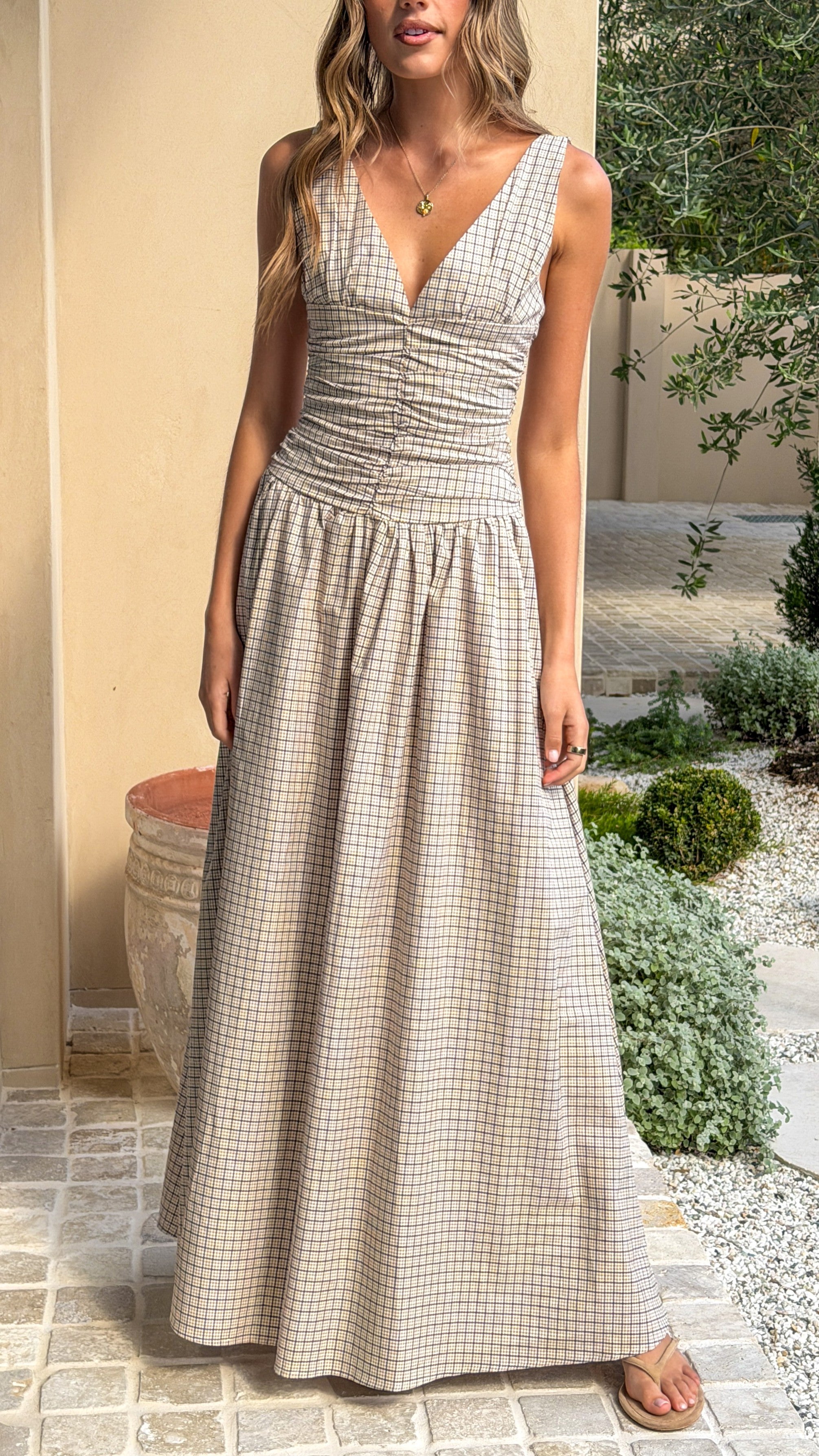 Sanya Maxi Dress - Beige Check - Billy J