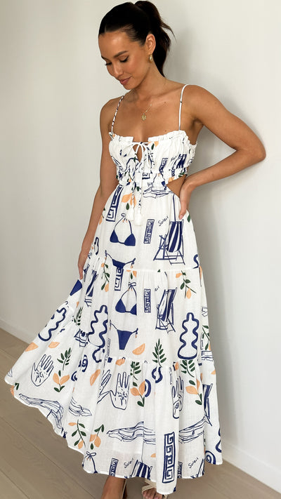 Load image into Gallery viewer, Odie Maxi Dress - White / Blue Print - Billy J
