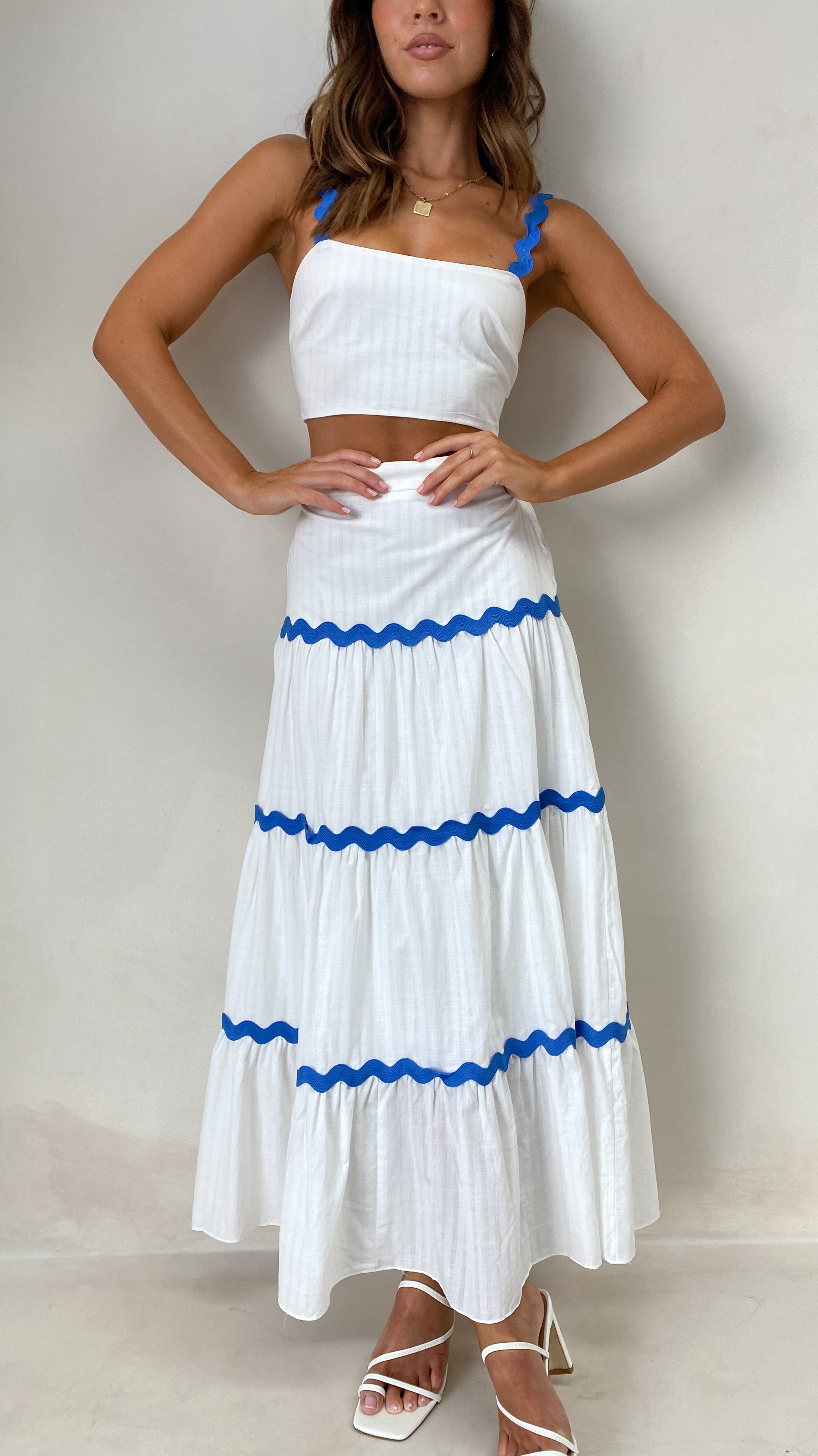 Lys Top and Maxi Skirt Set - White / Blue