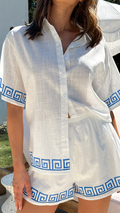 Load image into Gallery viewer, Jasmine Button up Shirt and Shorts Set - White/Blue
