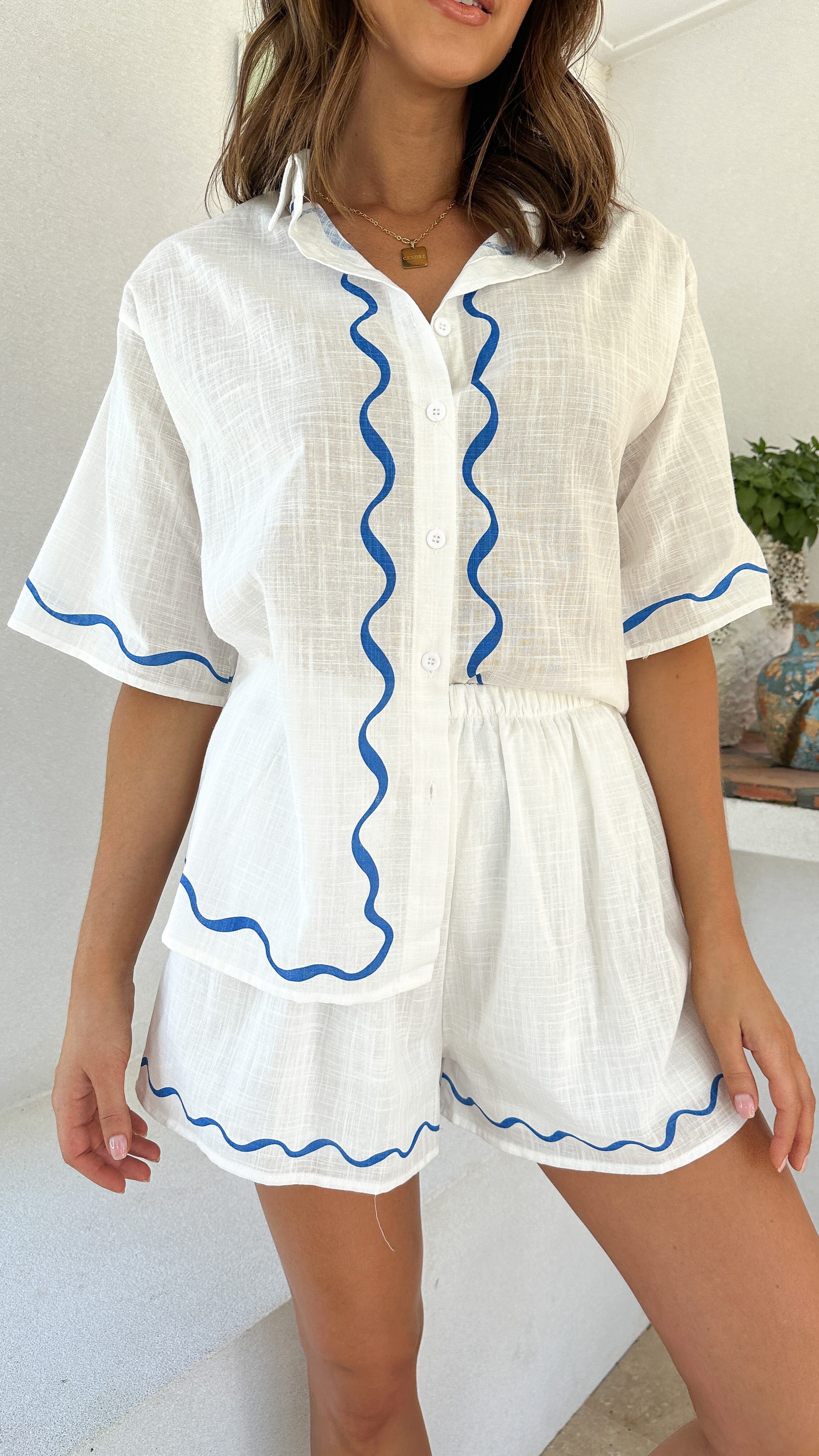 Liana Button Up Shirt and Shorts Set - White/Blue