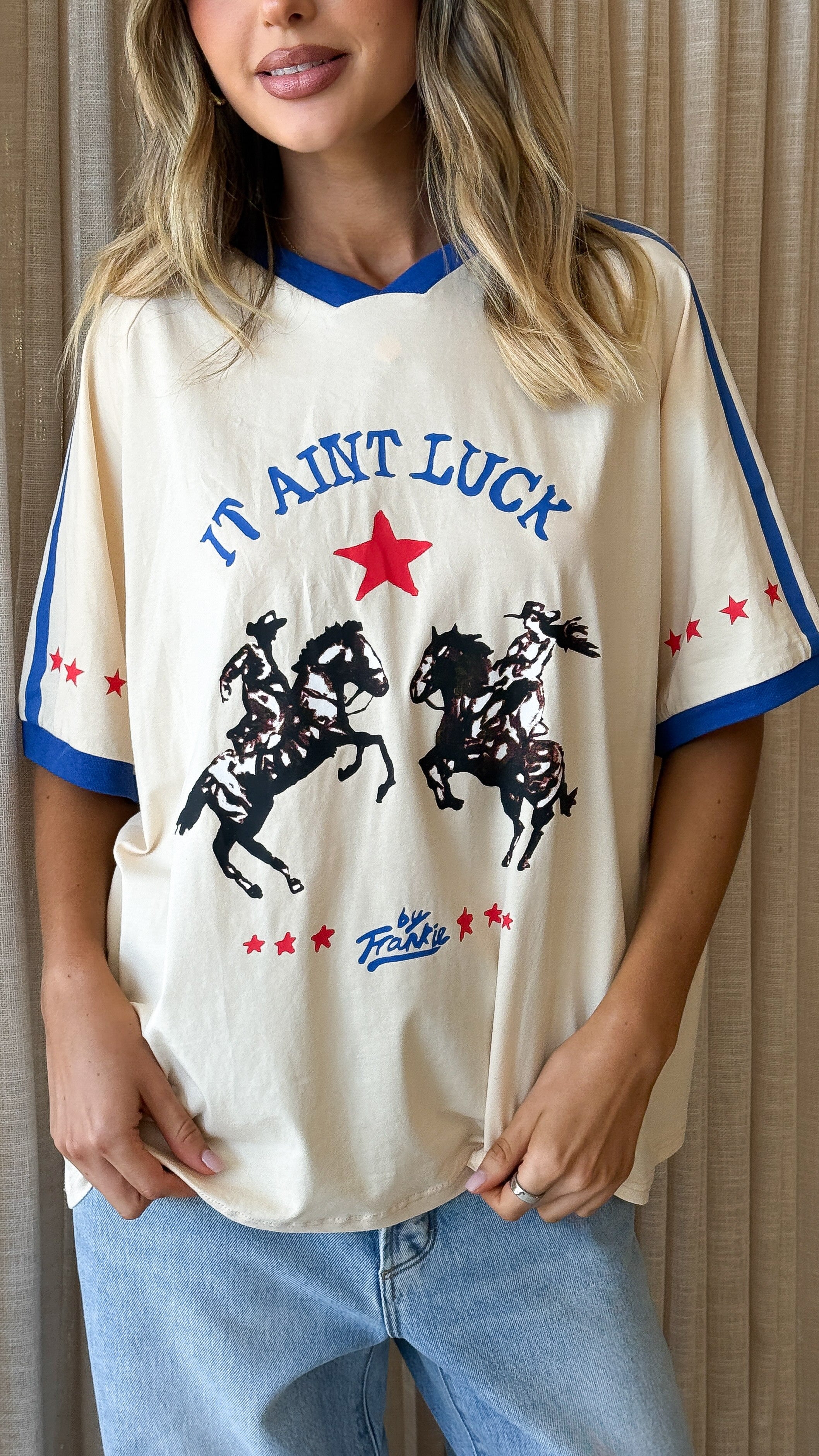 It Aint Luck Oversized T-Shirt - Beige/Blue - Billy J