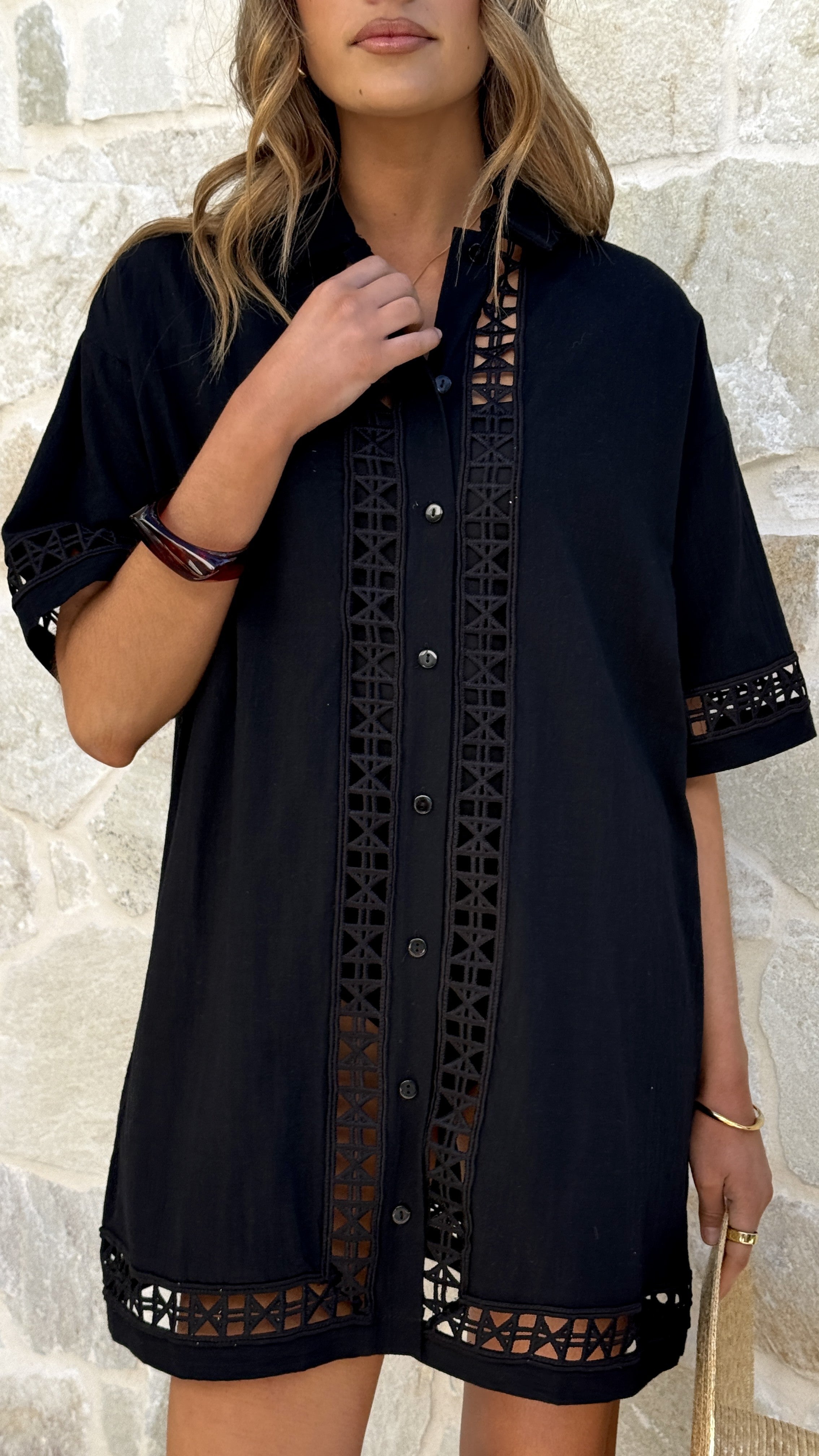 Halia Mini Shirt Dress - Black - Billy J