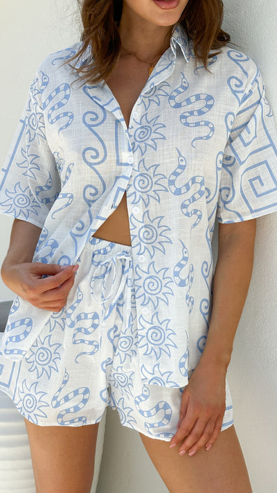 Load image into Gallery viewer, Charli Button Up Shirt and Shorts Set - White/Blue

