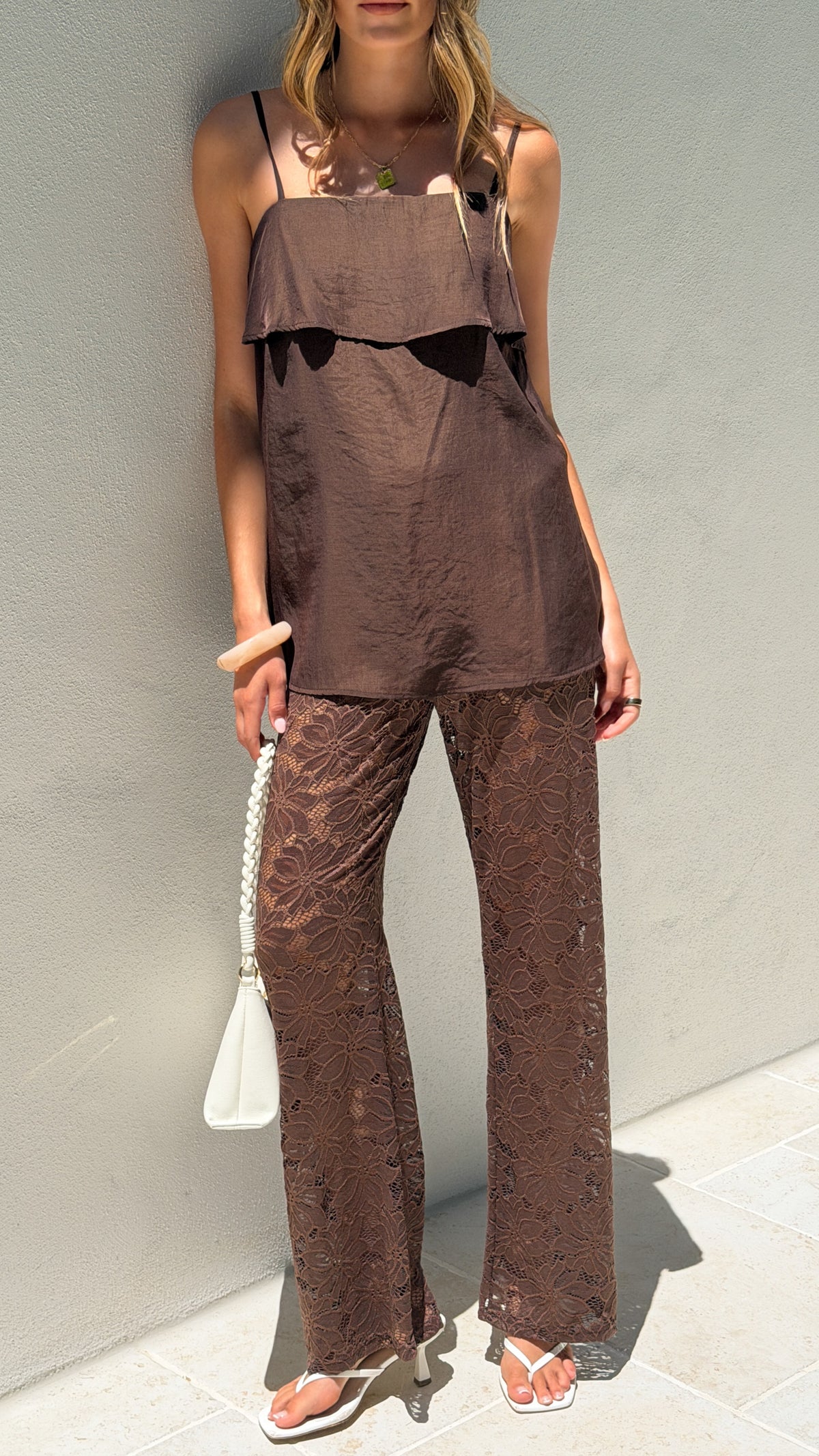 Yvette Top and Lace Pants Set - Chocolate - Billy J