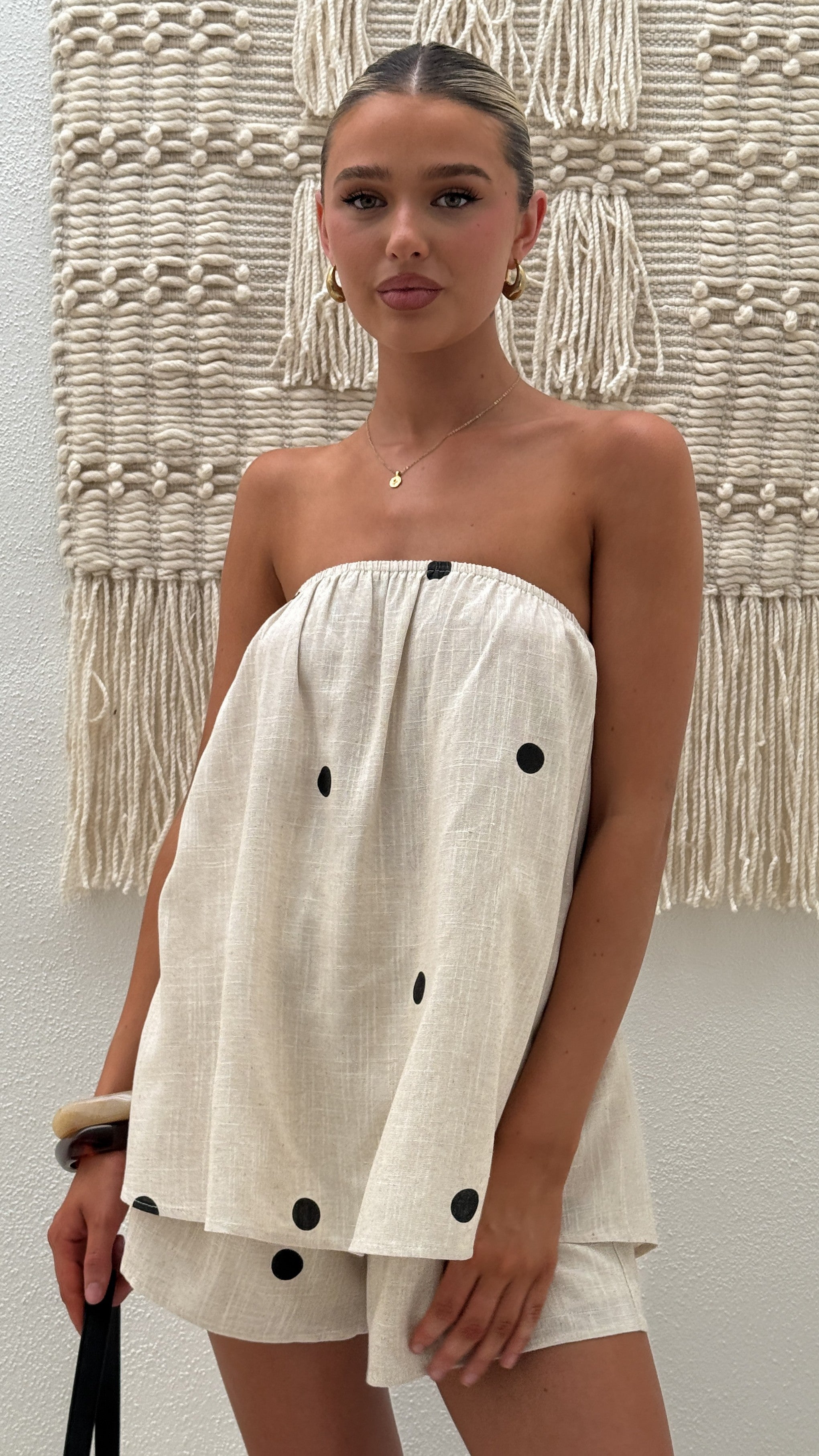 Calliope Strapless Top and Shorts Set - Oat/Black Polka Dot - Billy J