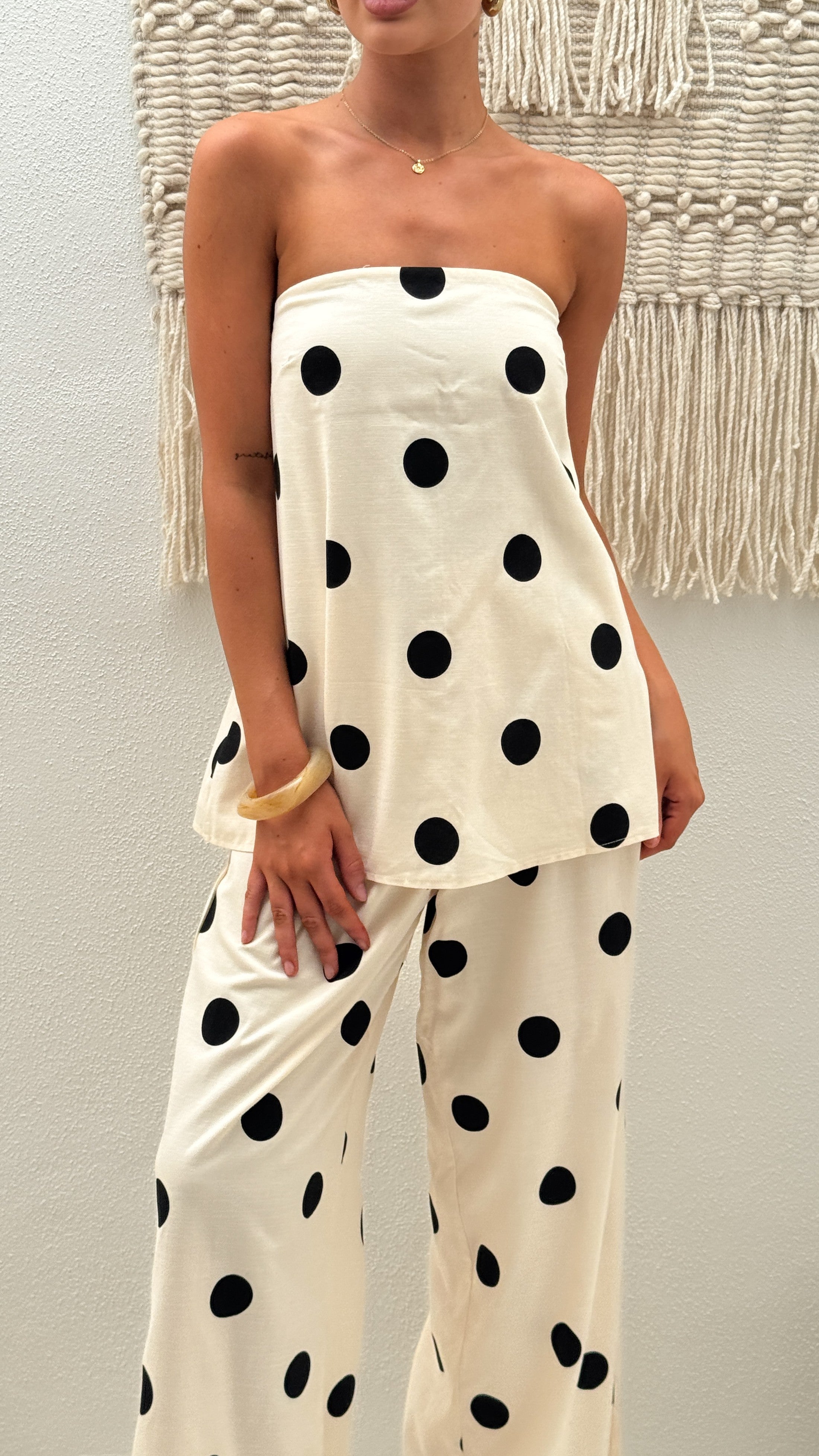 Hazelle Strapless Top - Beige/Black Polka Dot - Billy J