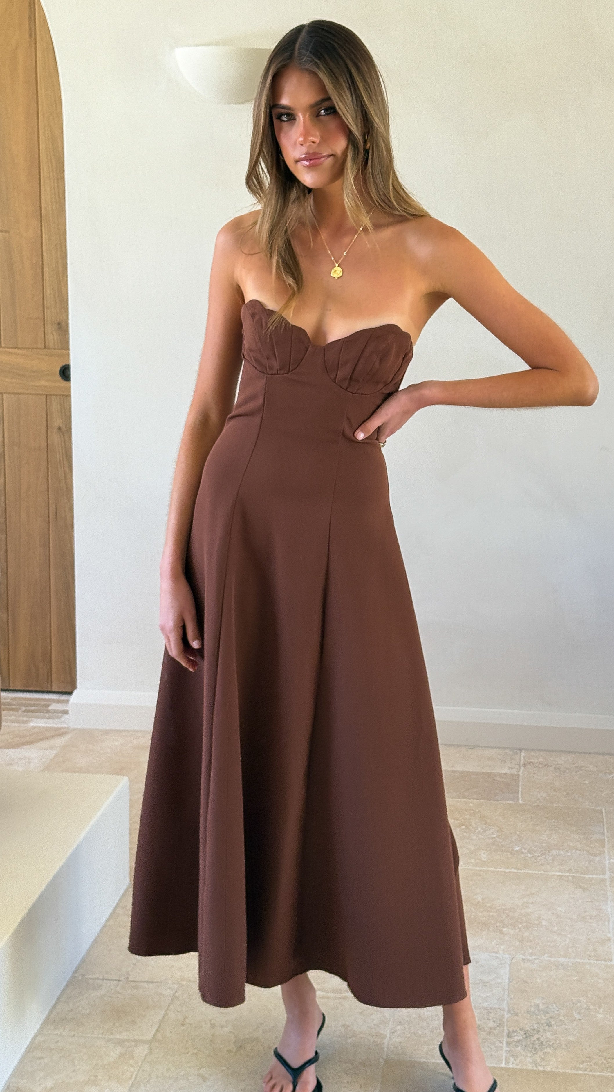 Janessa Strapless Midi Dress - Chocolate - Billy J