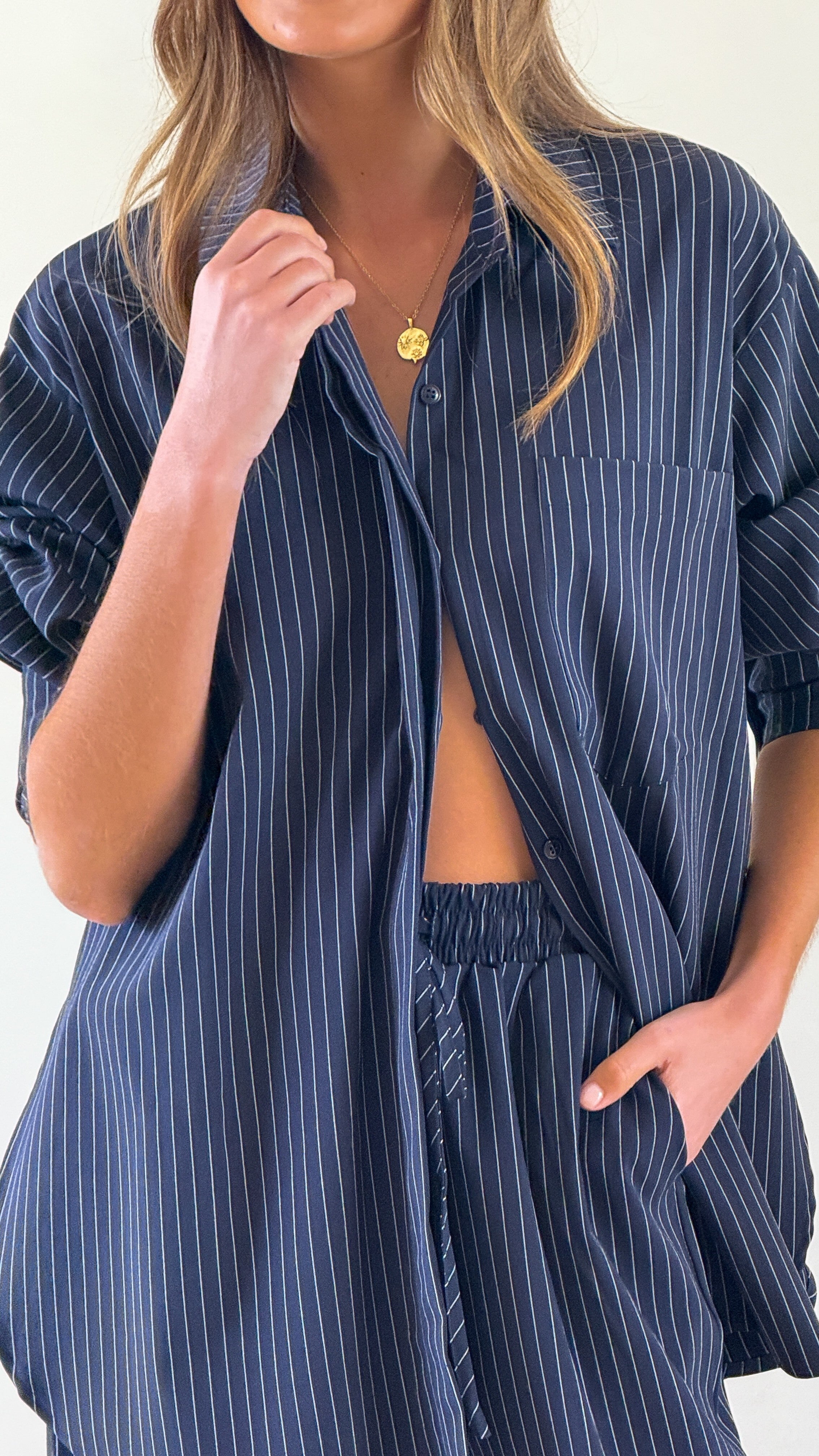 Zaila Long Sleeve Shirt - Navy/White Stripe - Billy J