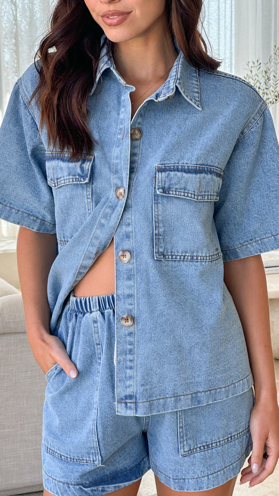 Loretta Button Up and Shorts Set - Light Blue Denim - Billy J