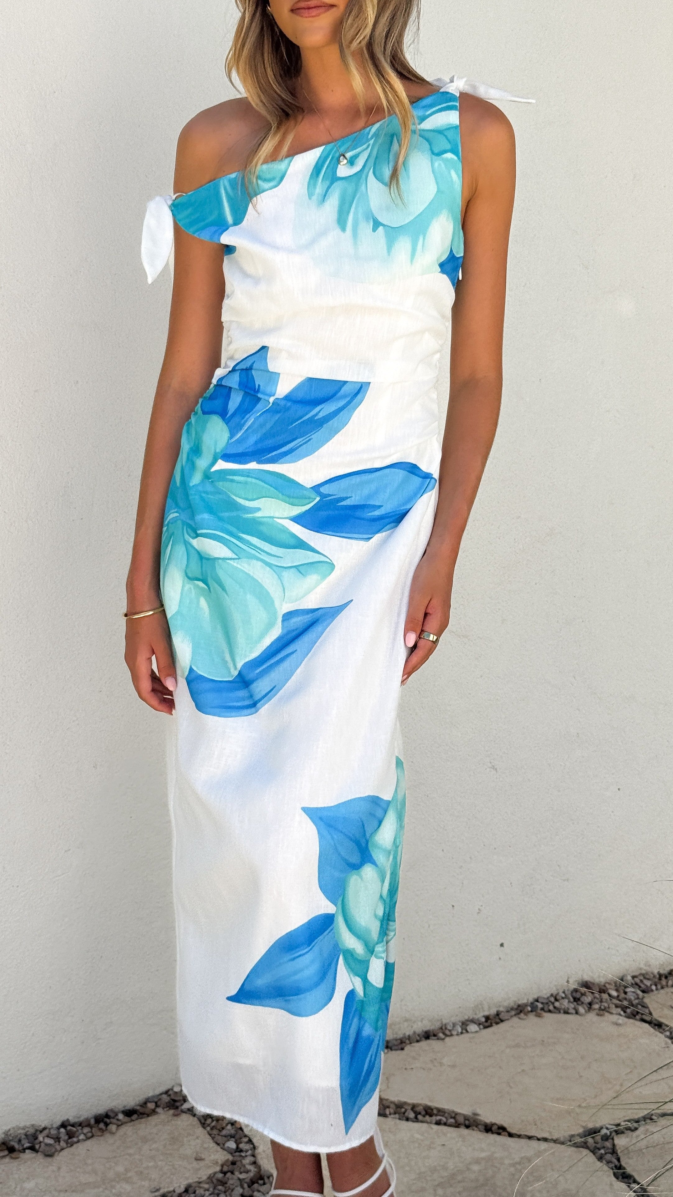 Maisy Shoulder Tie Midi Dress - Blue Teal - Billy J