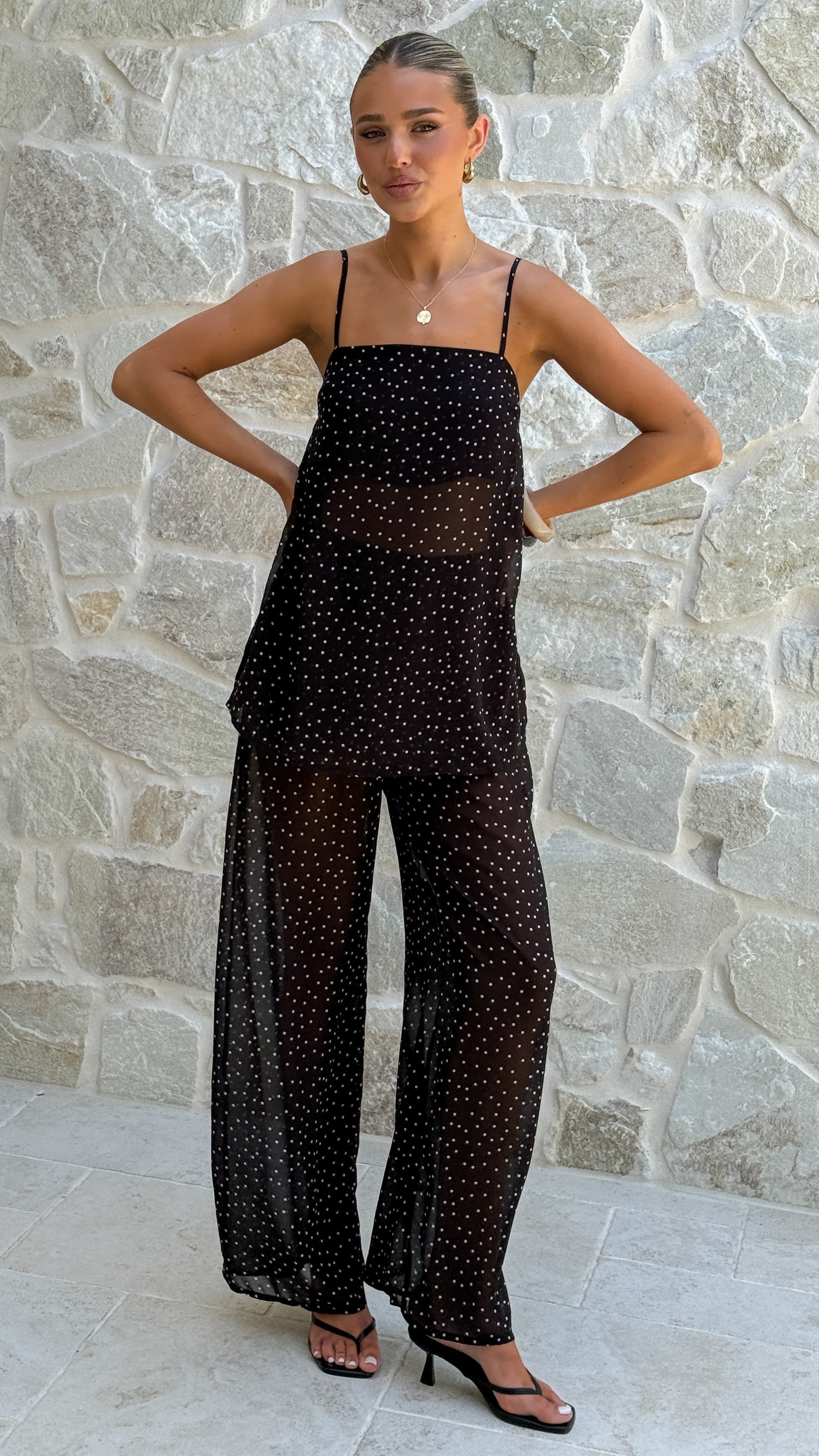 Rubi Top and Pants Semi Sheer Set - Black Polka - Billy J