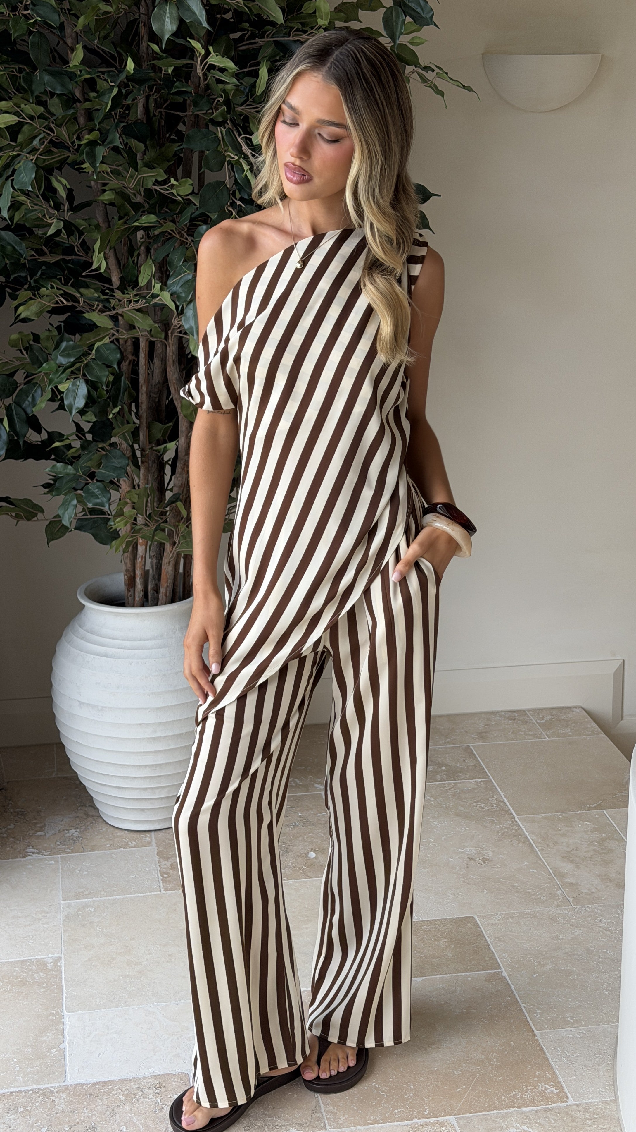 Liana Off Shoulder Top & Pants Set - Brown Stripe - Billy J