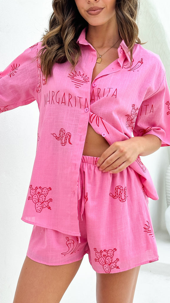Charli Button Up Shirt and Shorts Set - Pink / Red Margarita