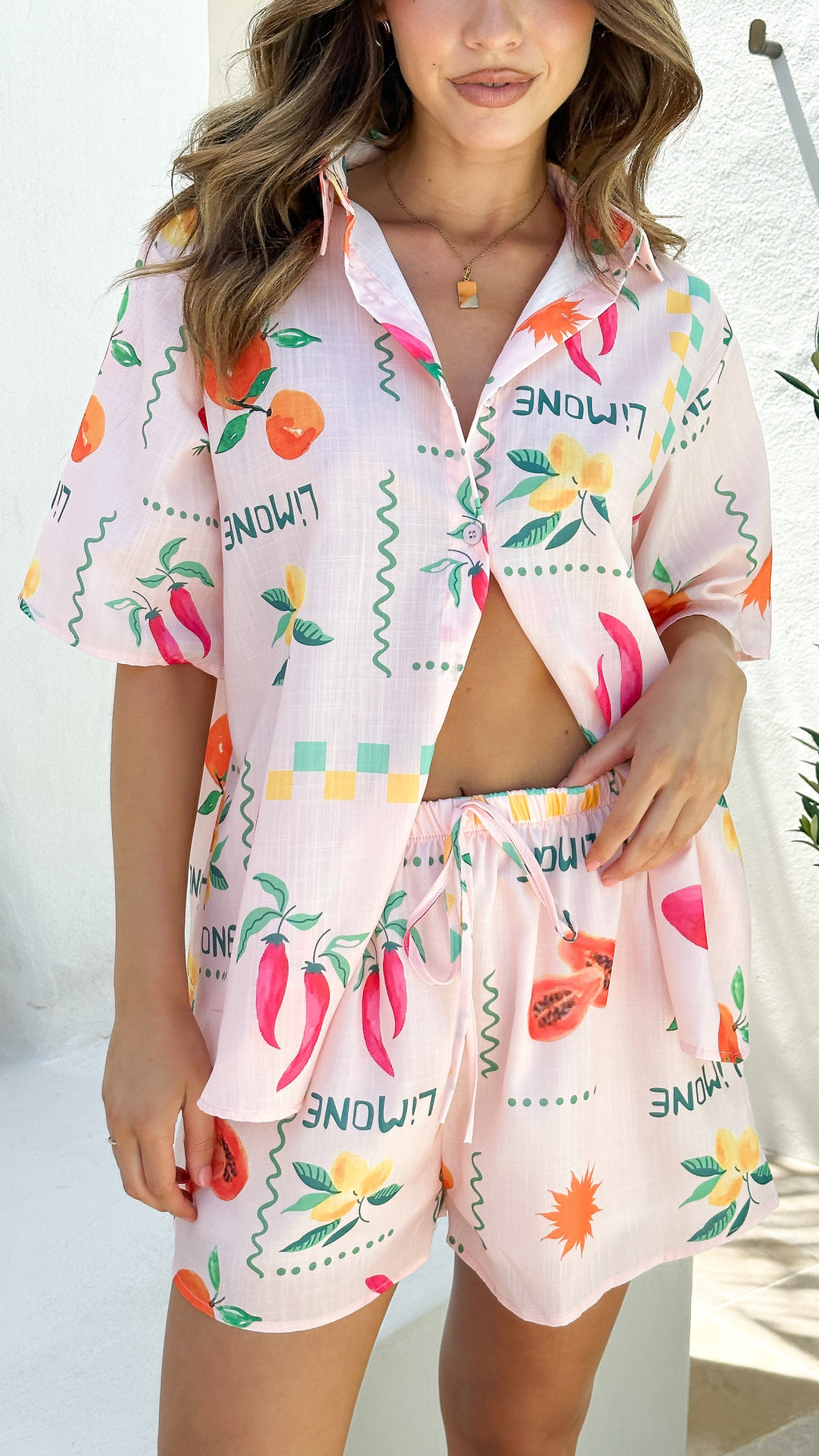 Charli Button Up Shirt and Shorts Set - Peach Limone