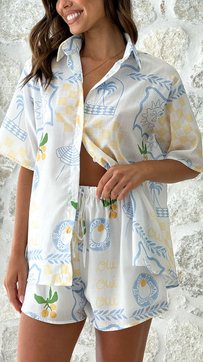 Load image into Gallery viewer, Charli Button Up Shirt and Shorts Set - Blue / Yellow Holiday Print
