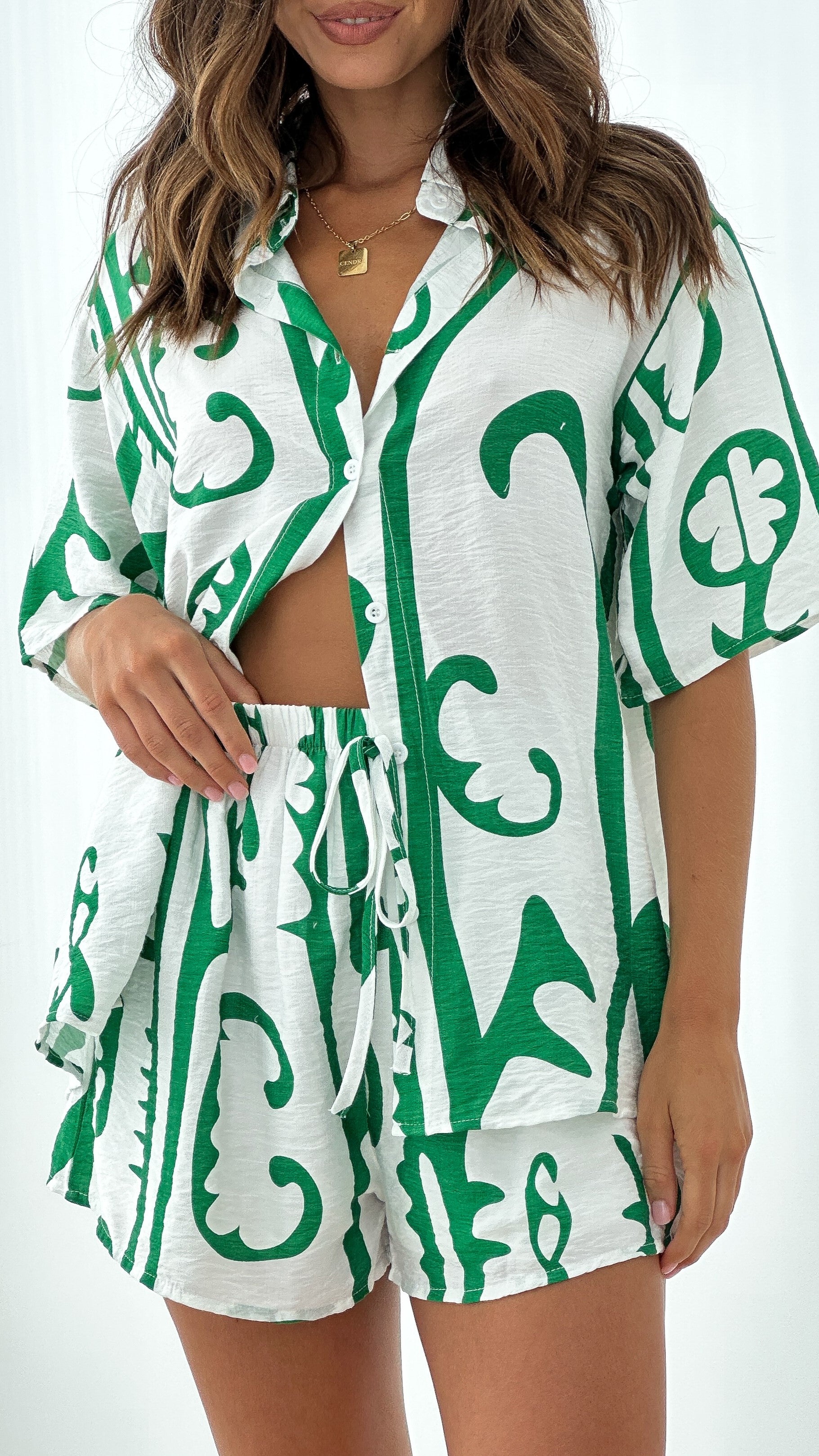 Charli Button Up Shirt and Shorts Set - White / Green Tribal