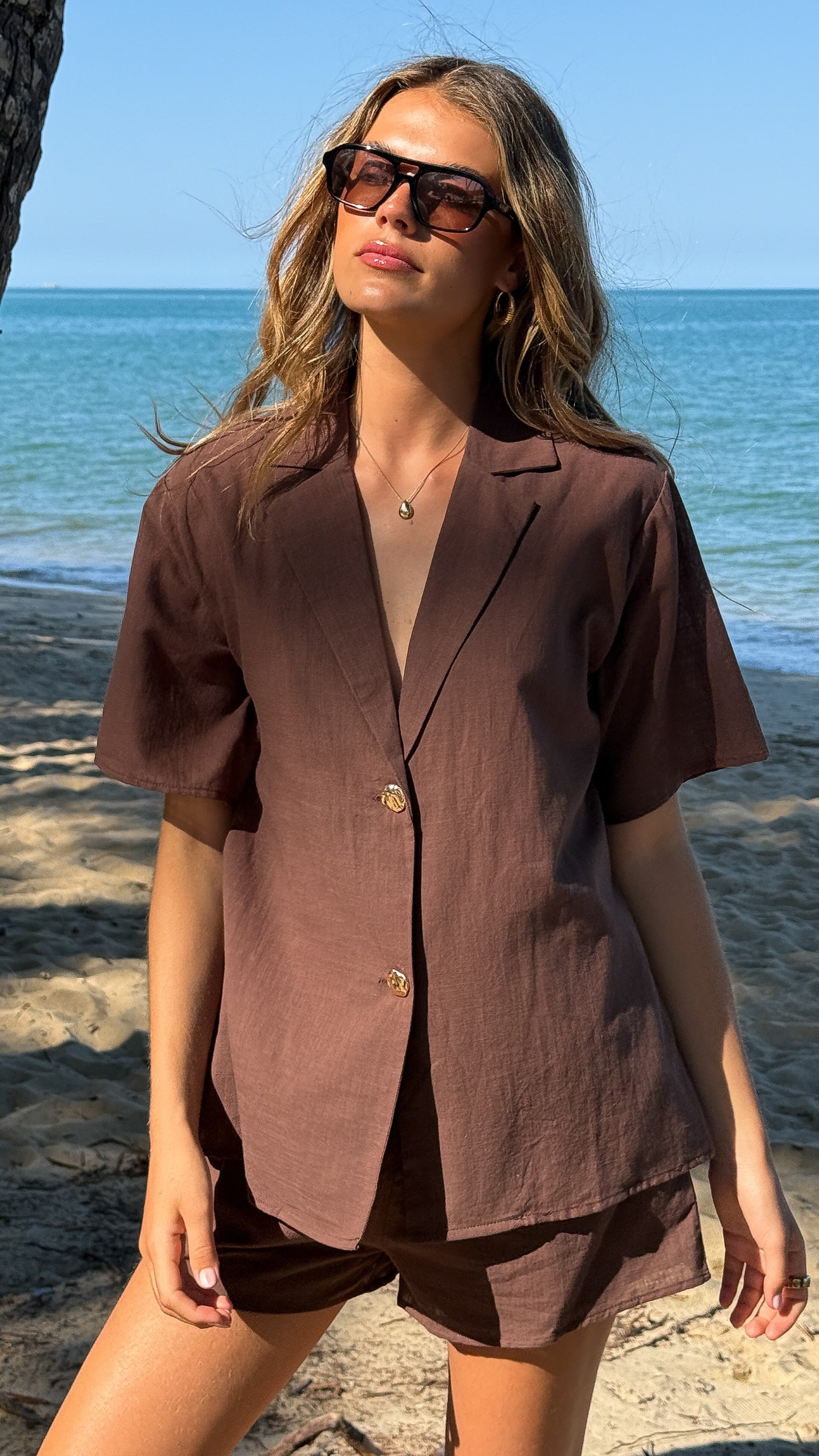 Nadine Shirt and Shorts Set - Brown - Billy J