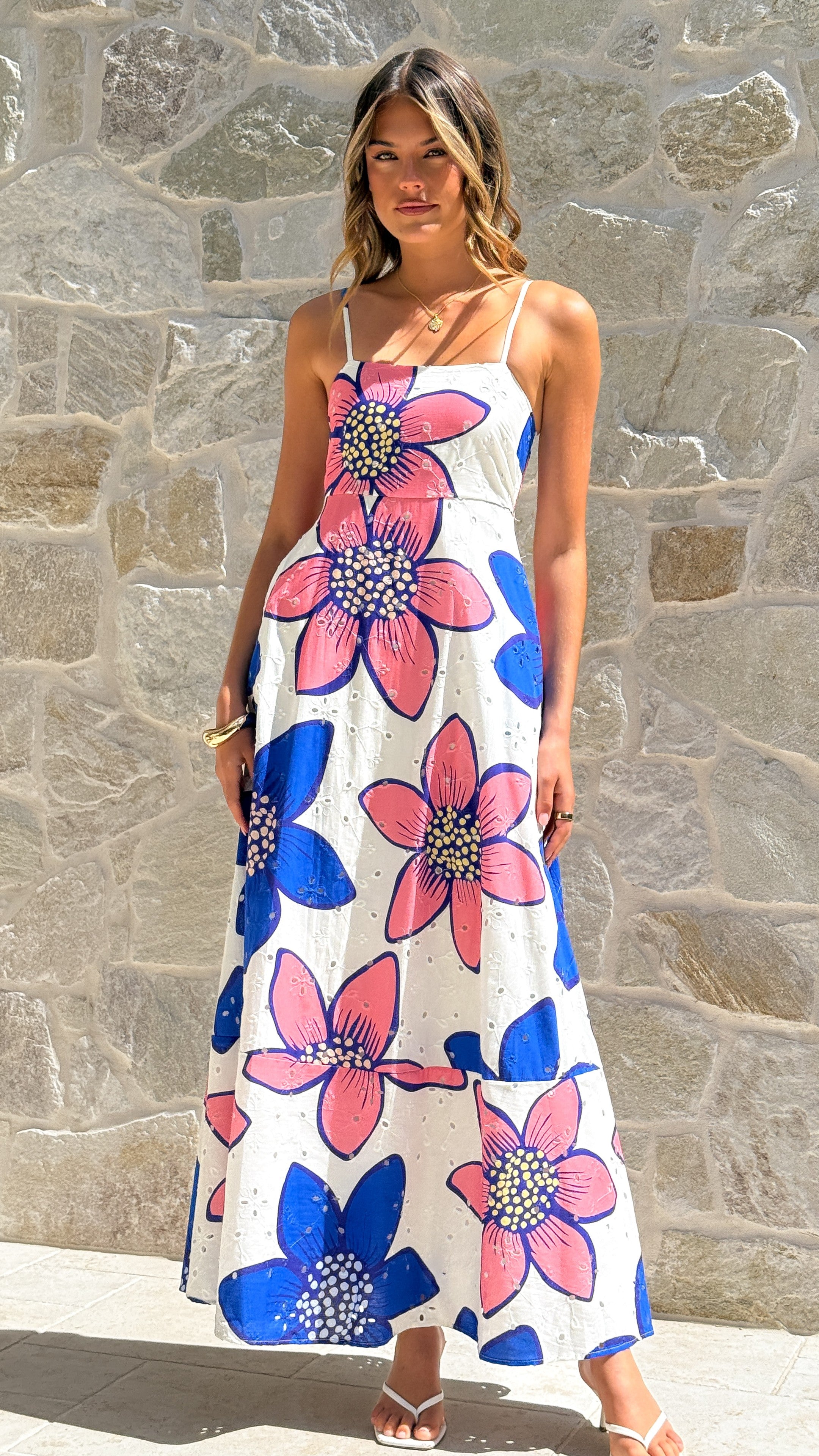 Norah Eyelet Maxi Dress - Botanic Blue/Pink Print - Billy J