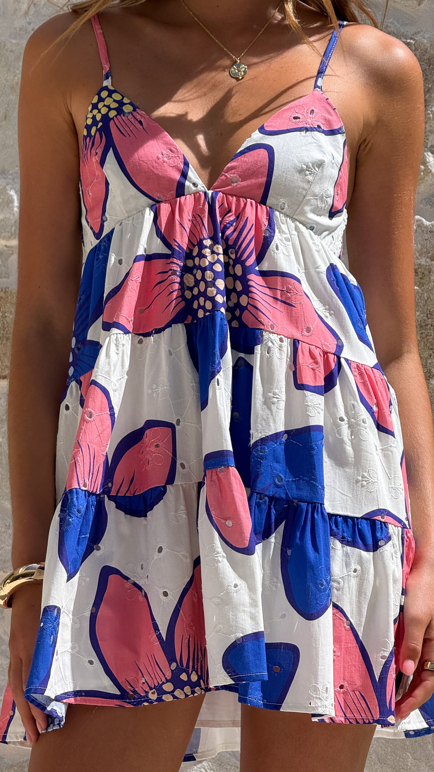Maisie Eyelet Mini Dress - Botanic Blue/Pink Print - Billy J