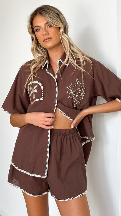 Load image into Gallery viewer, Kabecka Button Up Shirt and Shorts Set - Brown / Beige
