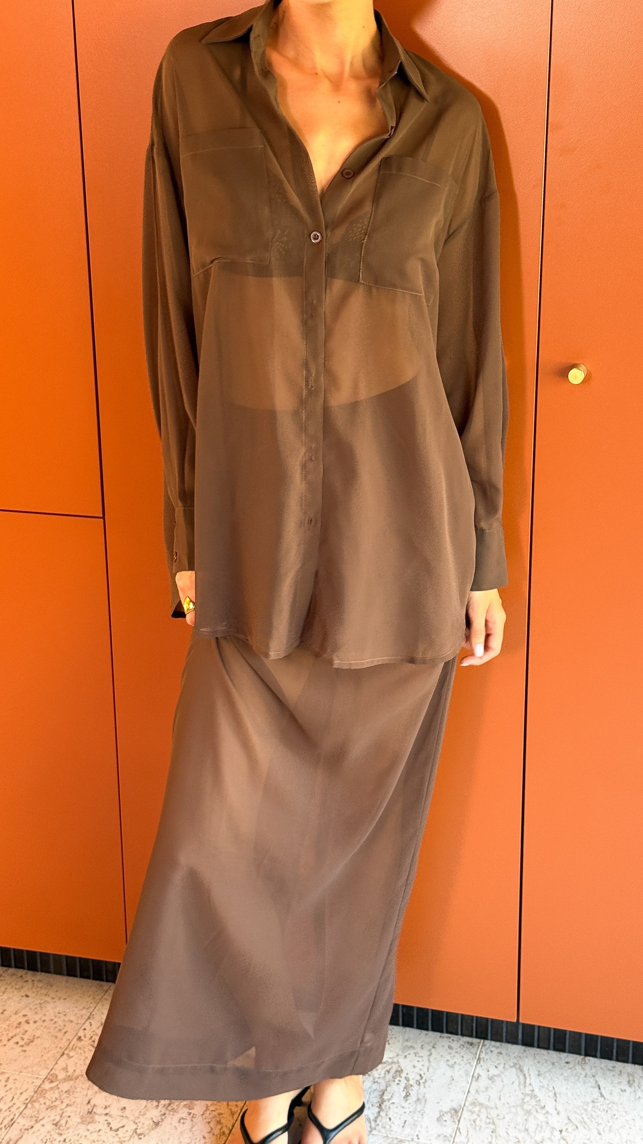 Adella Sheer Long Sleeve Top and Maxi Skirt Set - Chocolate - Billy J