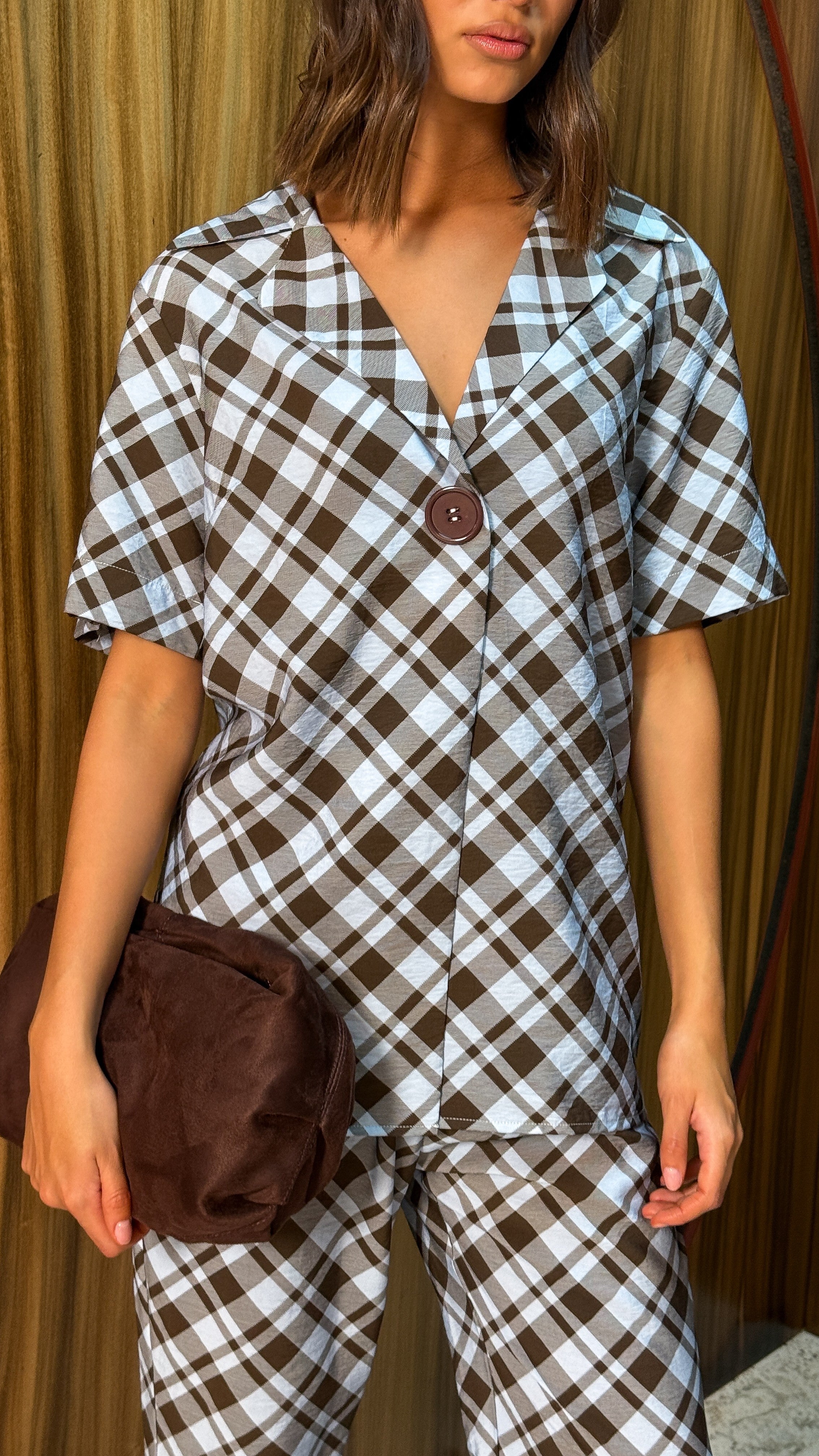 Imogen Button Pants - Chocolate/Blue Plaid - Billy J