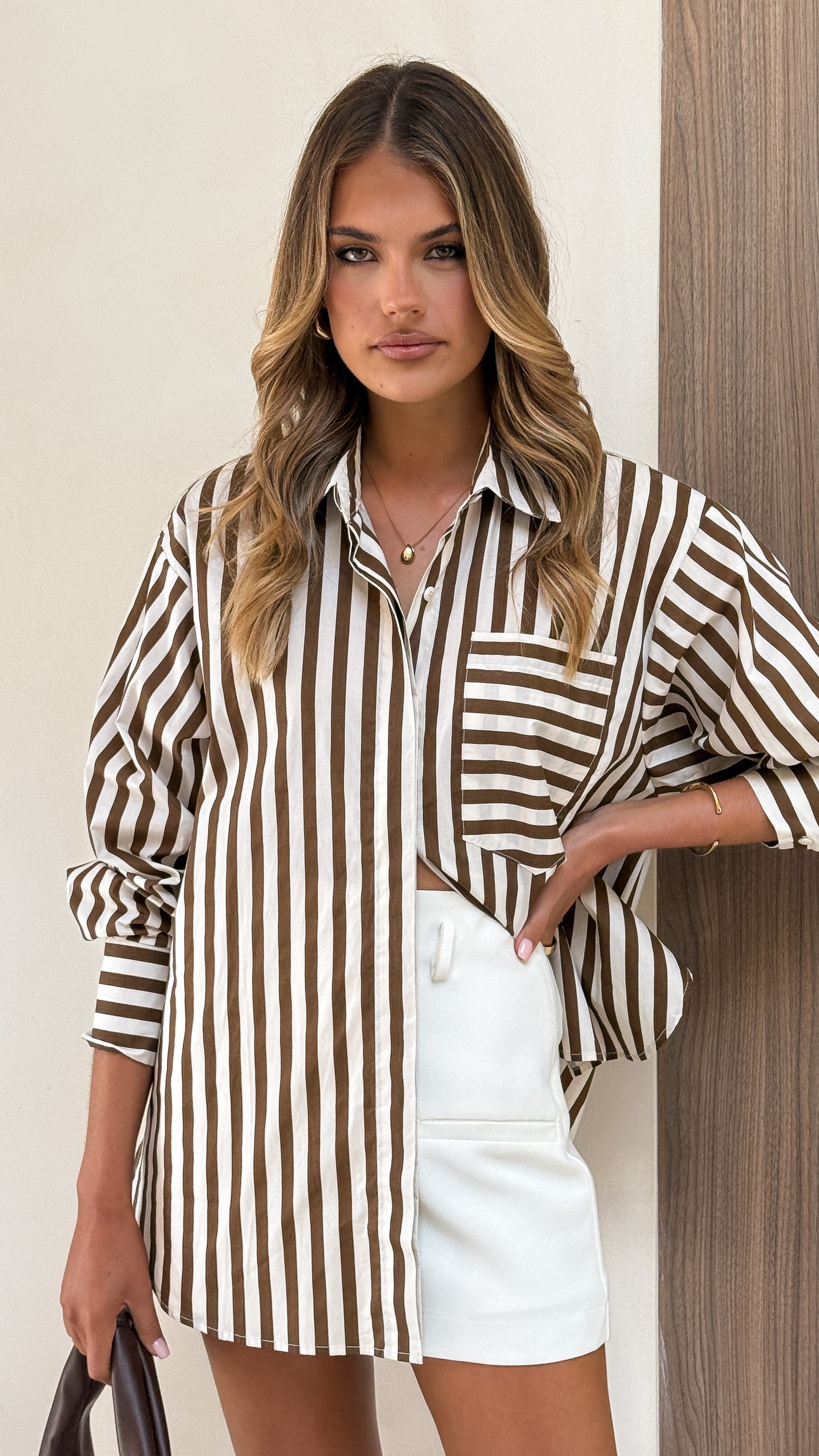 Zoah Long Sleeve Button Up Shirt - Choc/Champagne Stripe - Billy J