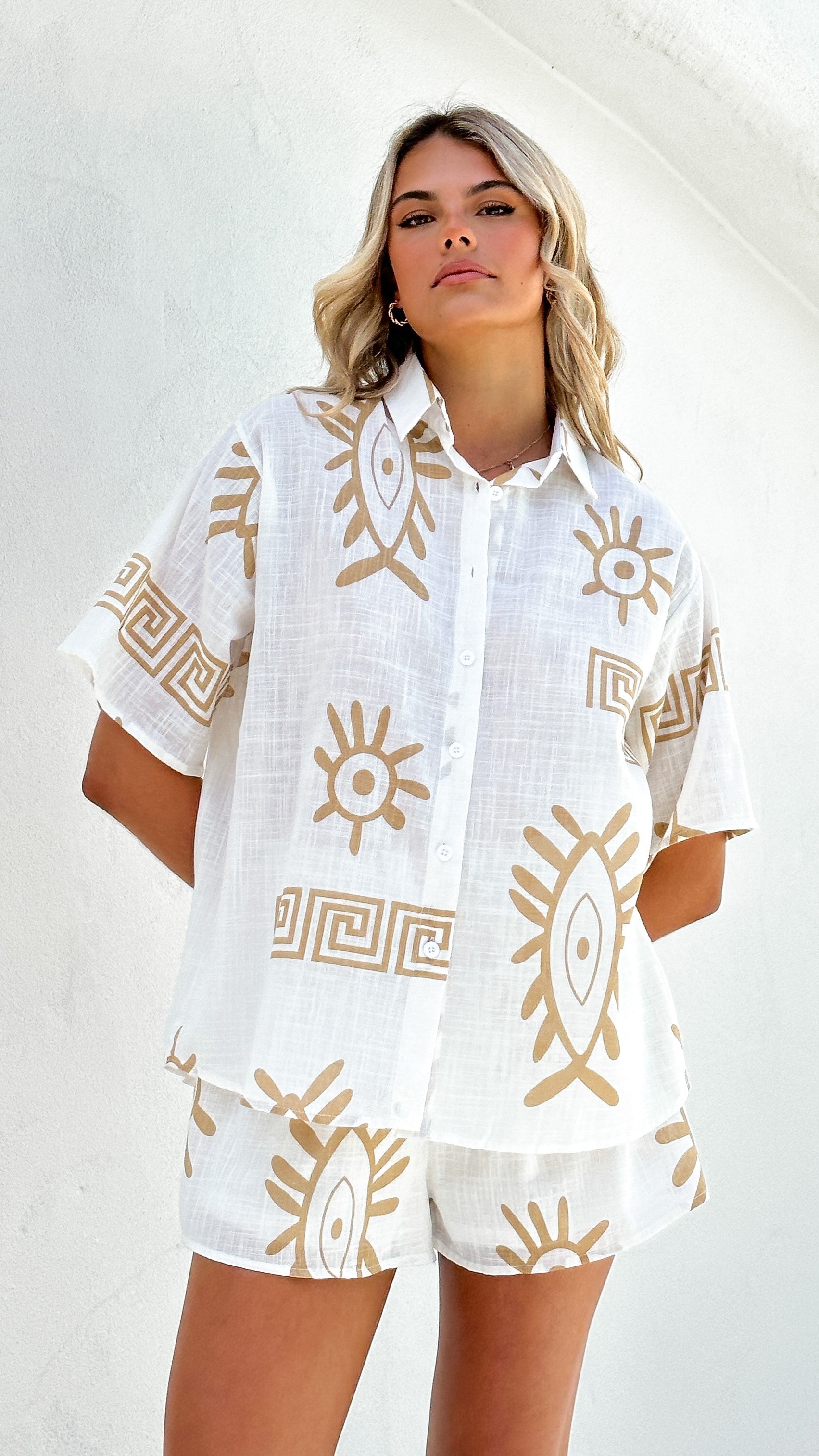 Charli Button Up Shirt and Shorts Set - White/Beige Aztec