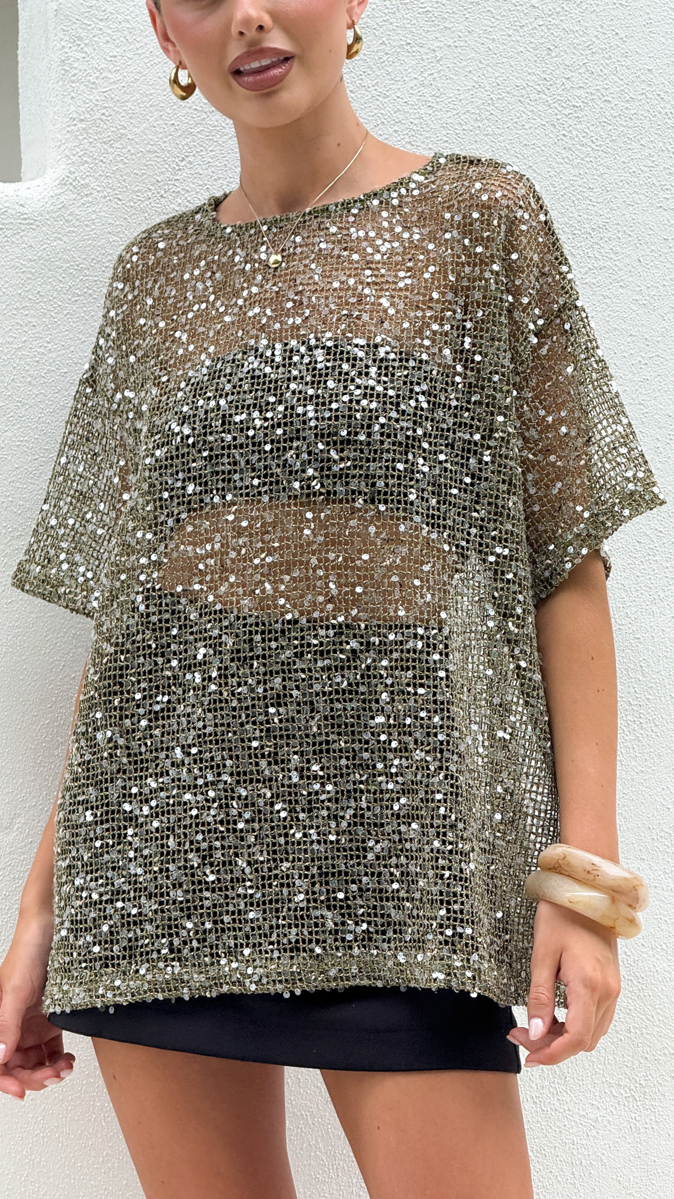 Zinnia Oversized Sequins Tee - Khaki - Billy J
