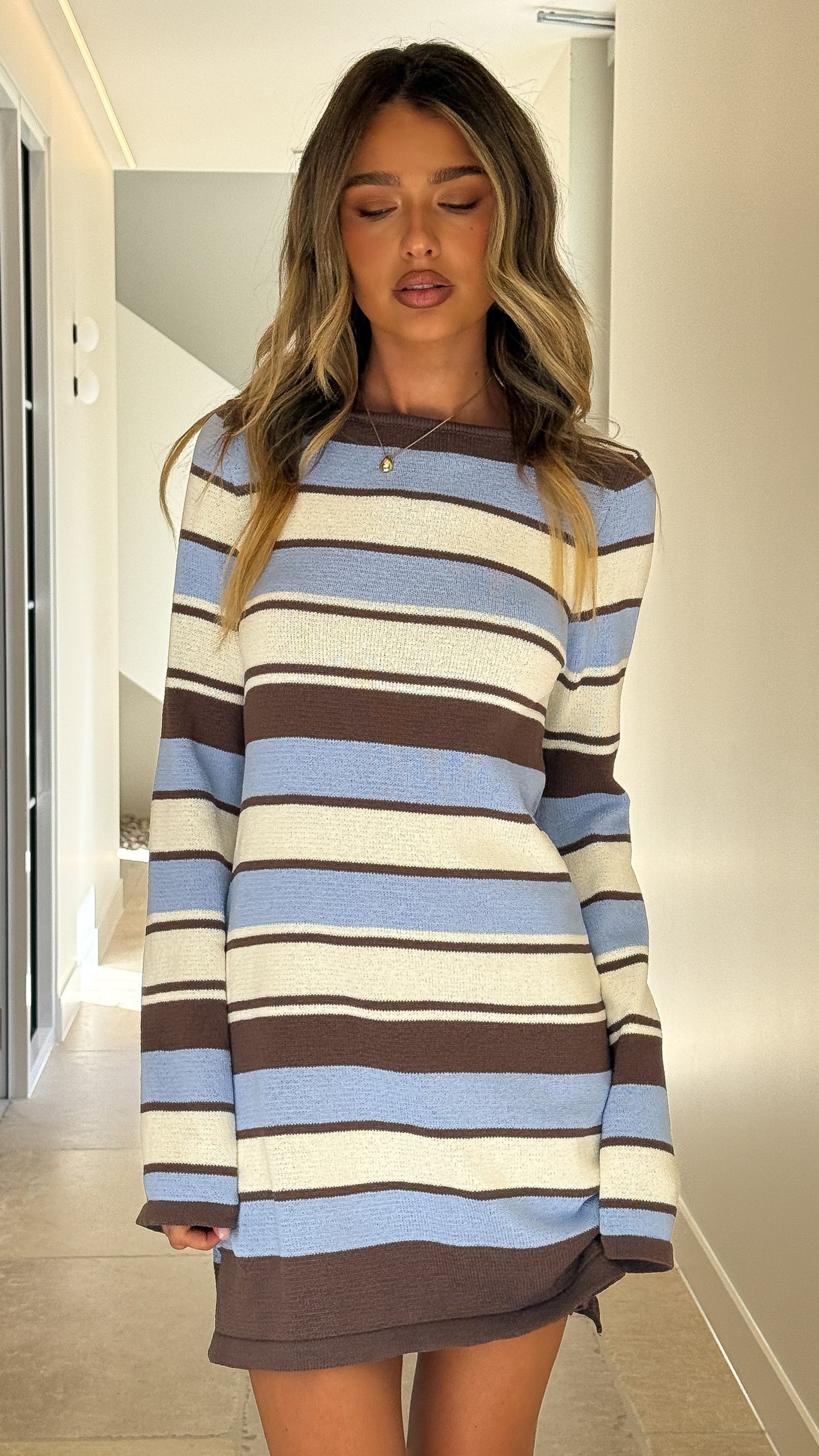 Brianna Long Sleeve Mini Dress - Blue/Brown - Billy J