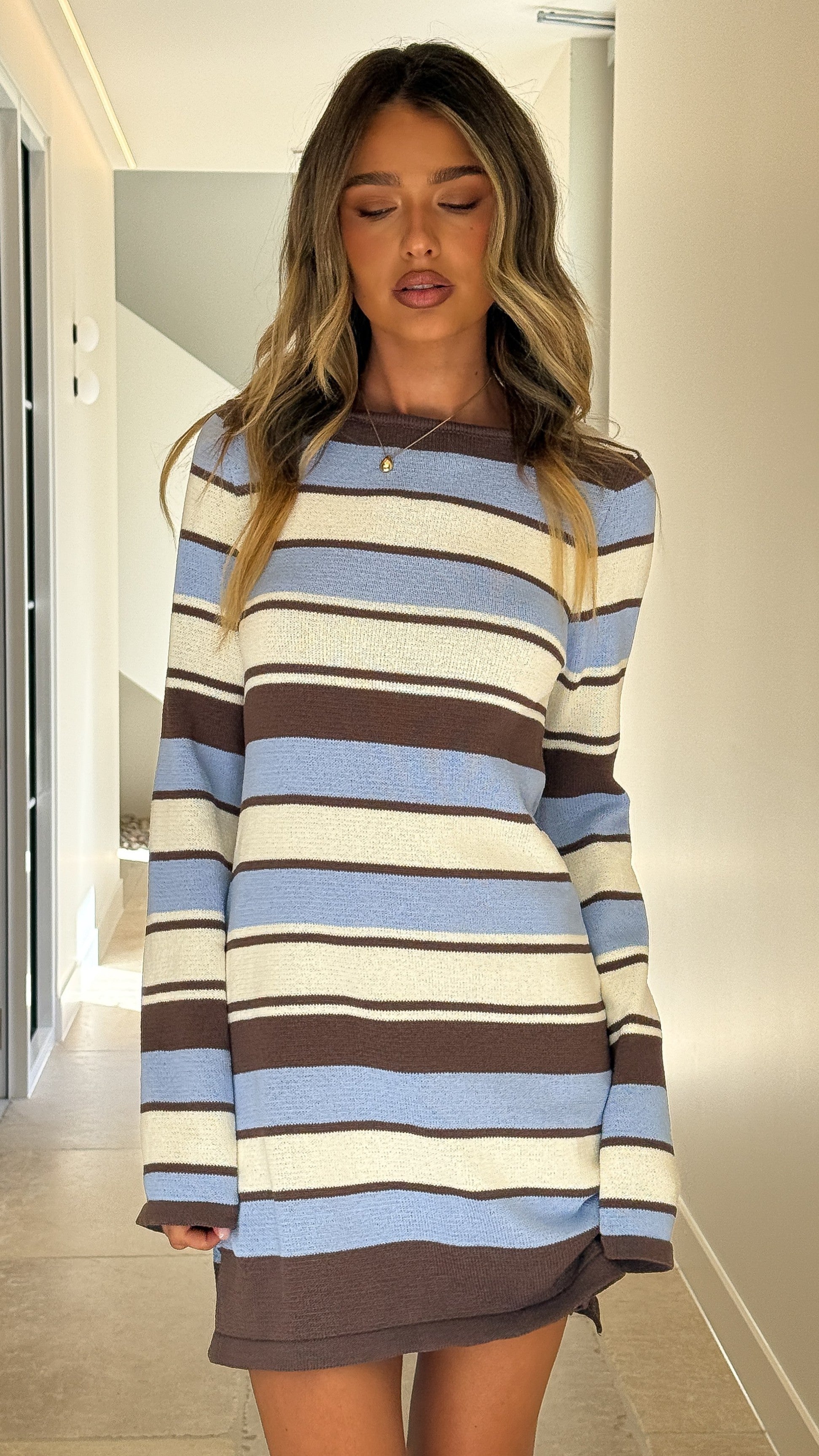 Brianna Long Sleeve Mini Dress - Blue/Brown - Billy J
