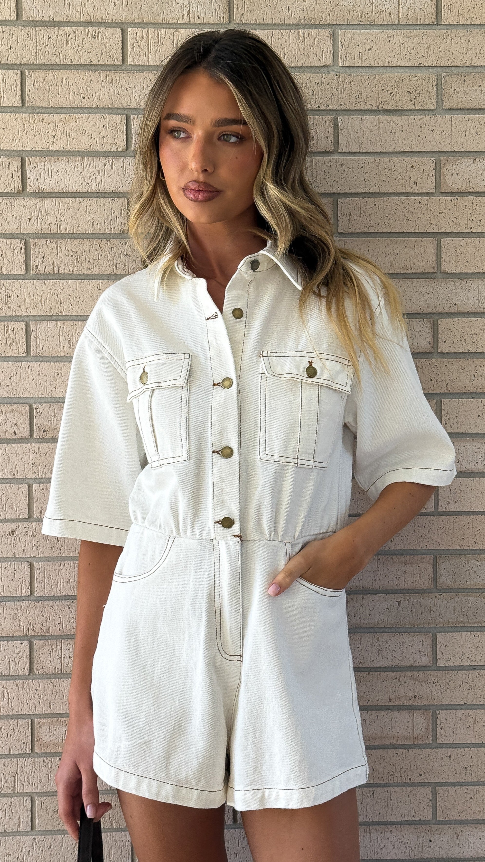 Rayla Denim Playsuit - White - Billy J