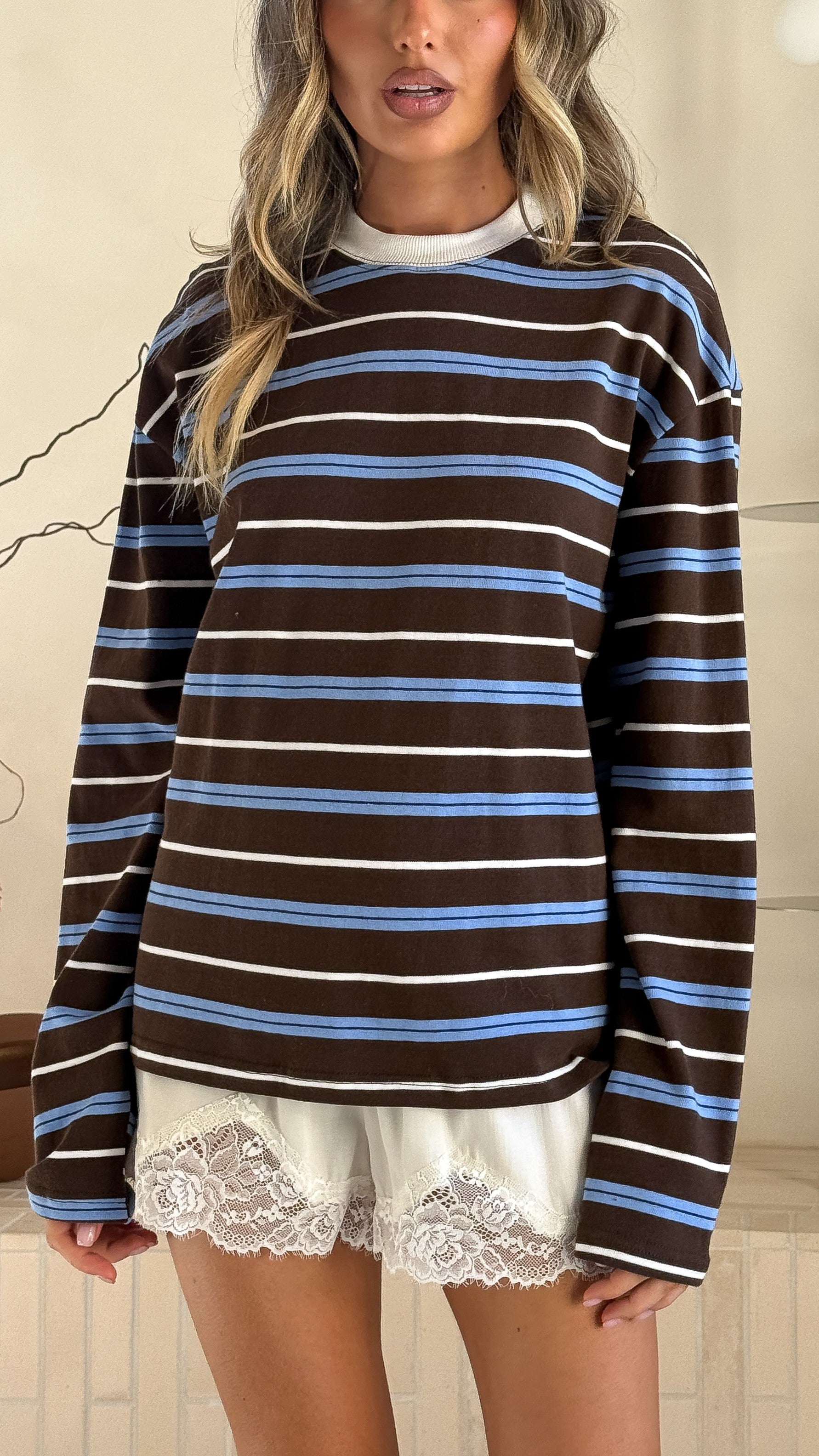 Raya Long Sleeve Top - Blue/Brown Stripe - Billy J