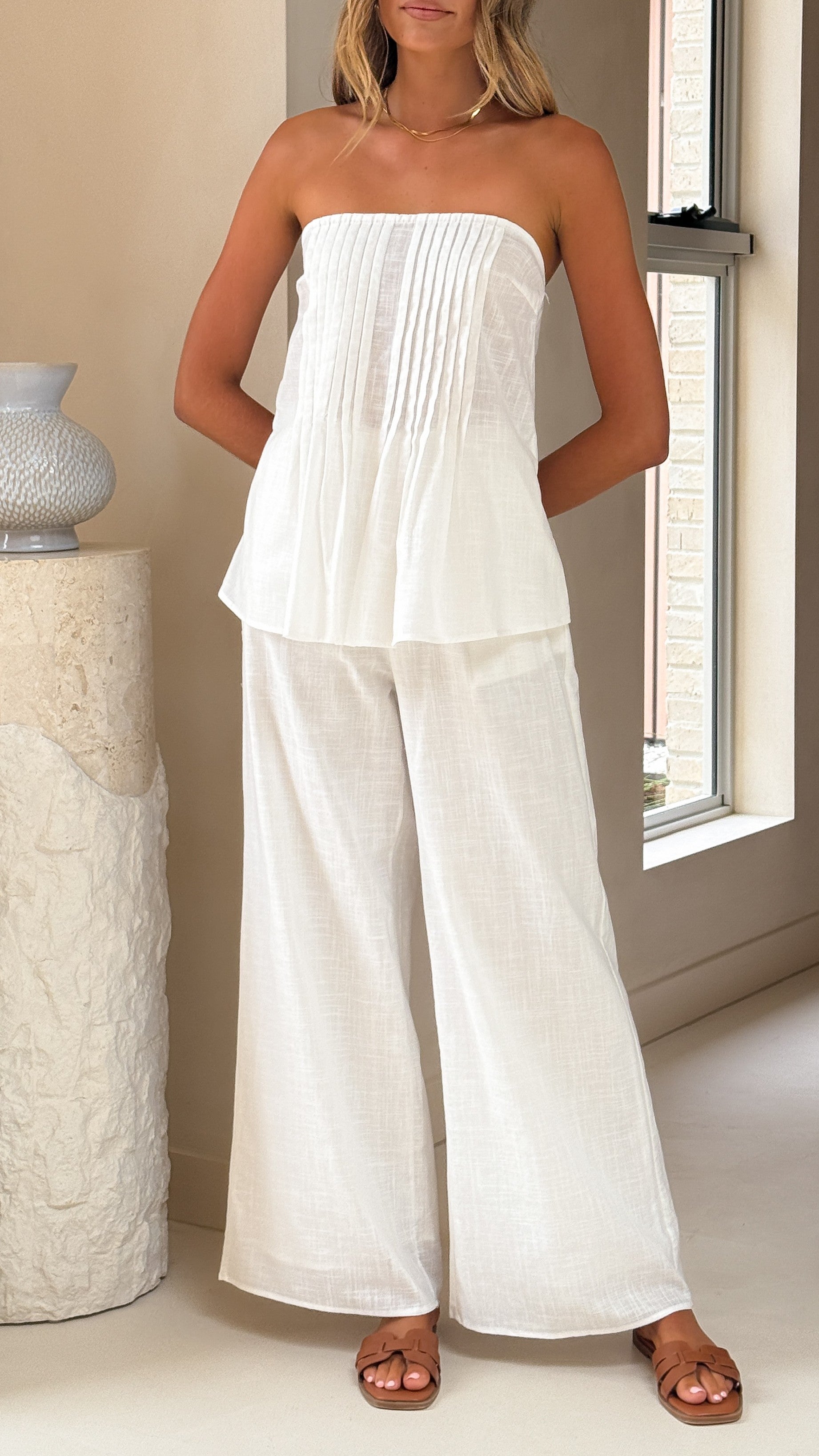 Sharni Strapless Pleat Top and Pants Set - White - Billy J