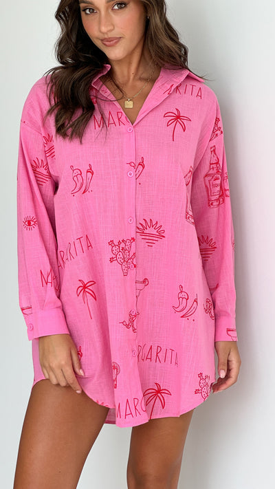 Load image into Gallery viewer, Piper Shirt Dress - Pink / Red Margarita
