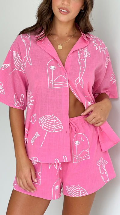 Load image into Gallery viewer, Charli Button Up Shirt and Shorts Set - Pink/White Mermaid Shell Print
