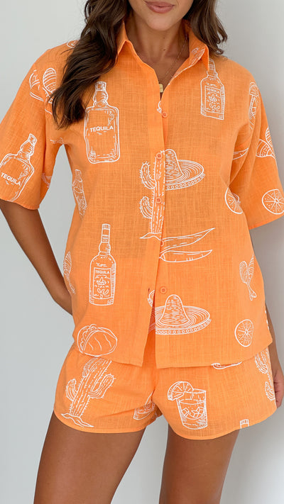 Load image into Gallery viewer, Bobbi Button Up Shirt and Shorts - Orange/White Tequila &amp; Tacos Print
