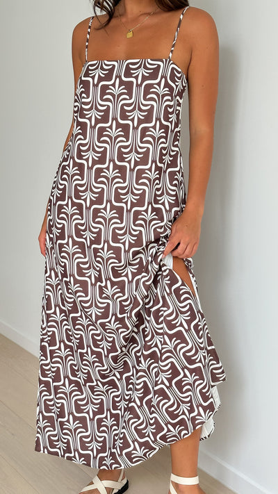 Load image into Gallery viewer, Phoebe Maxi Dress - Brown Lotus Print
