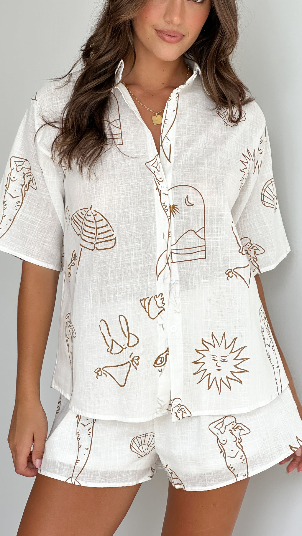 Charli Button Up Shirt and Short Set - Tan/White Mermaid Shell Print