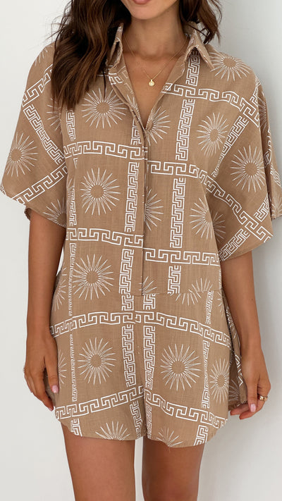 Load image into Gallery viewer, Aralyn Playsuit - Brown/White Print
