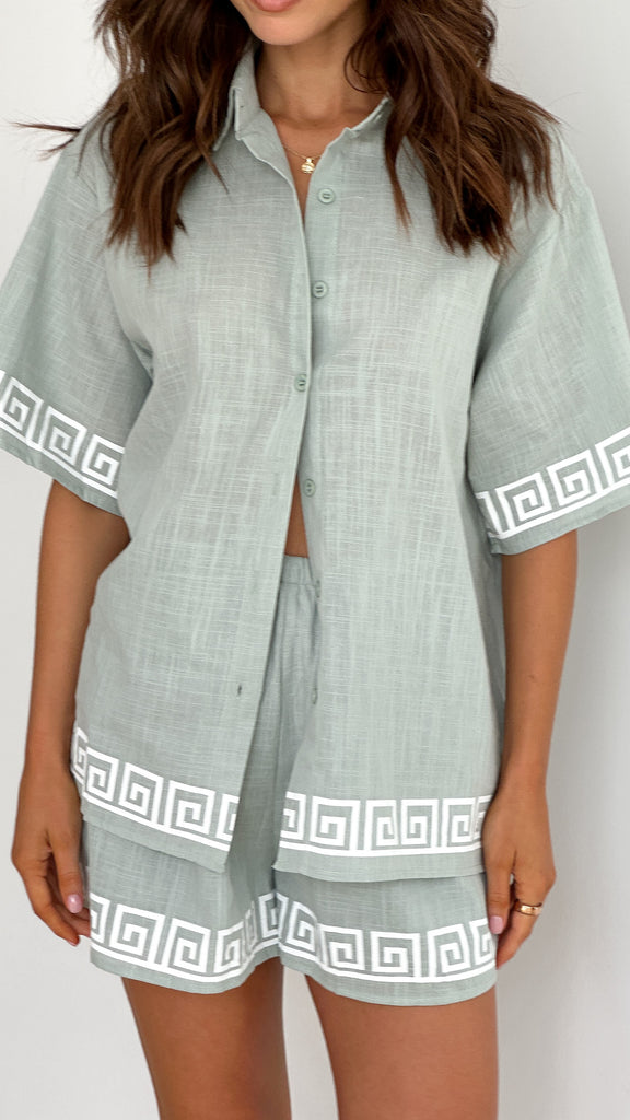 Jasmine Button up Shirt and Shorts Set - Sage