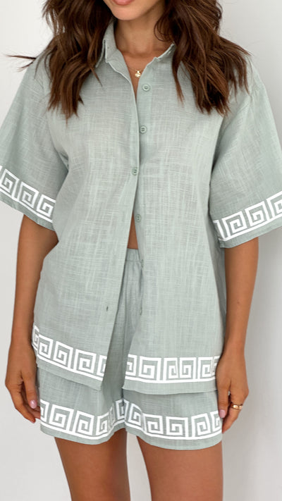 Load image into Gallery viewer, Jasmine Button up Shirt and Shorts Set - Sage
