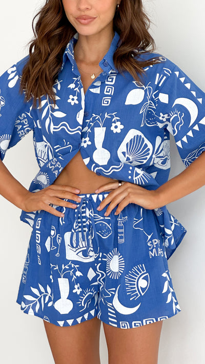 Load image into Gallery viewer, Charli Button Up Shirt and Shorts Set - Blue/White Spicy Marg - Billy J
