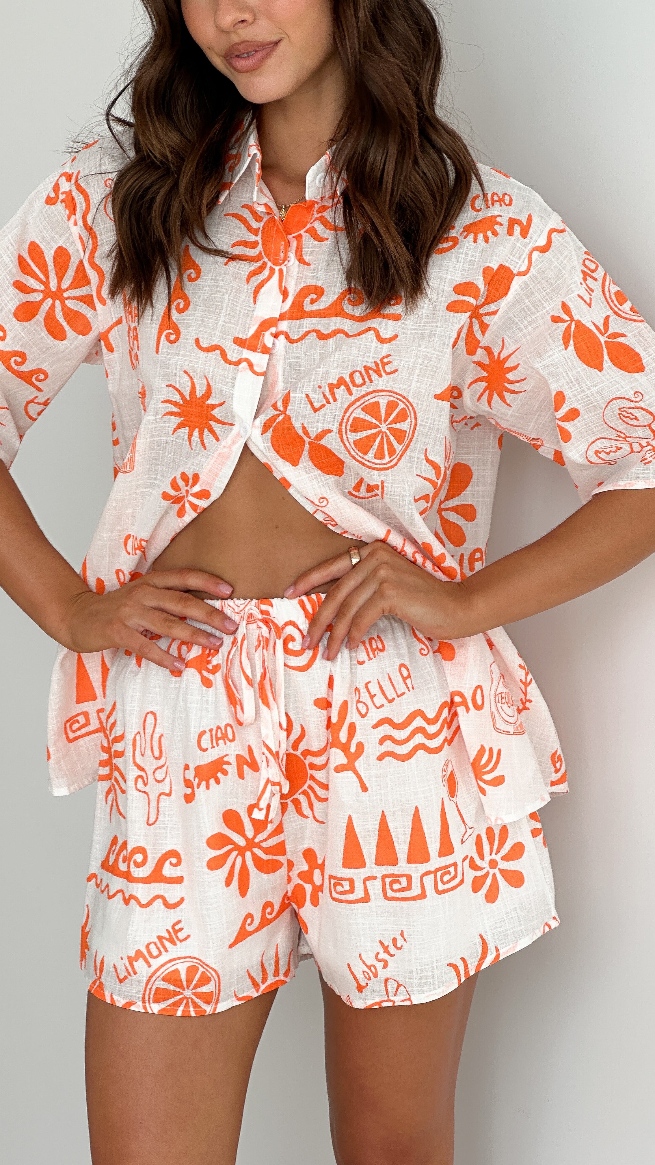 Charli Button Up Shirt and Shorts Set - White / Orange Lobster Print