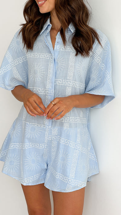 Load image into Gallery viewer, Aralyn Playsuit - Blue/White Print
