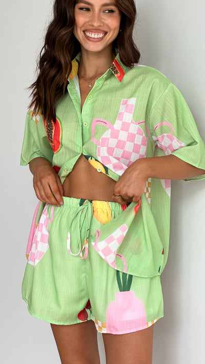 Load image into Gallery viewer, Charli Button Up Shirt and Short Set - Green Vase Print - Billy J
